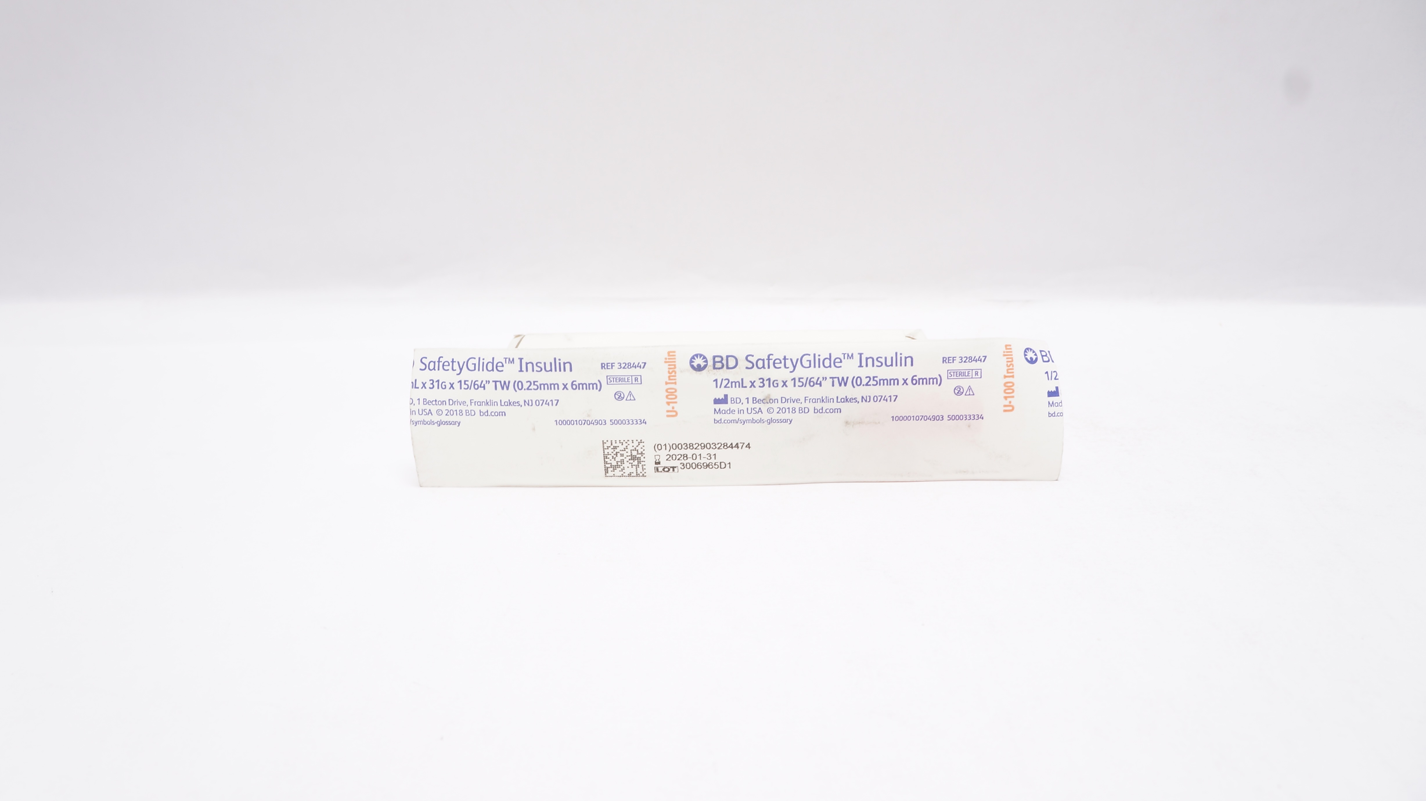 BD 328447 SafetyGlide U-100Insulin Syringe 1/2mL x 31G x 15/64inch TW