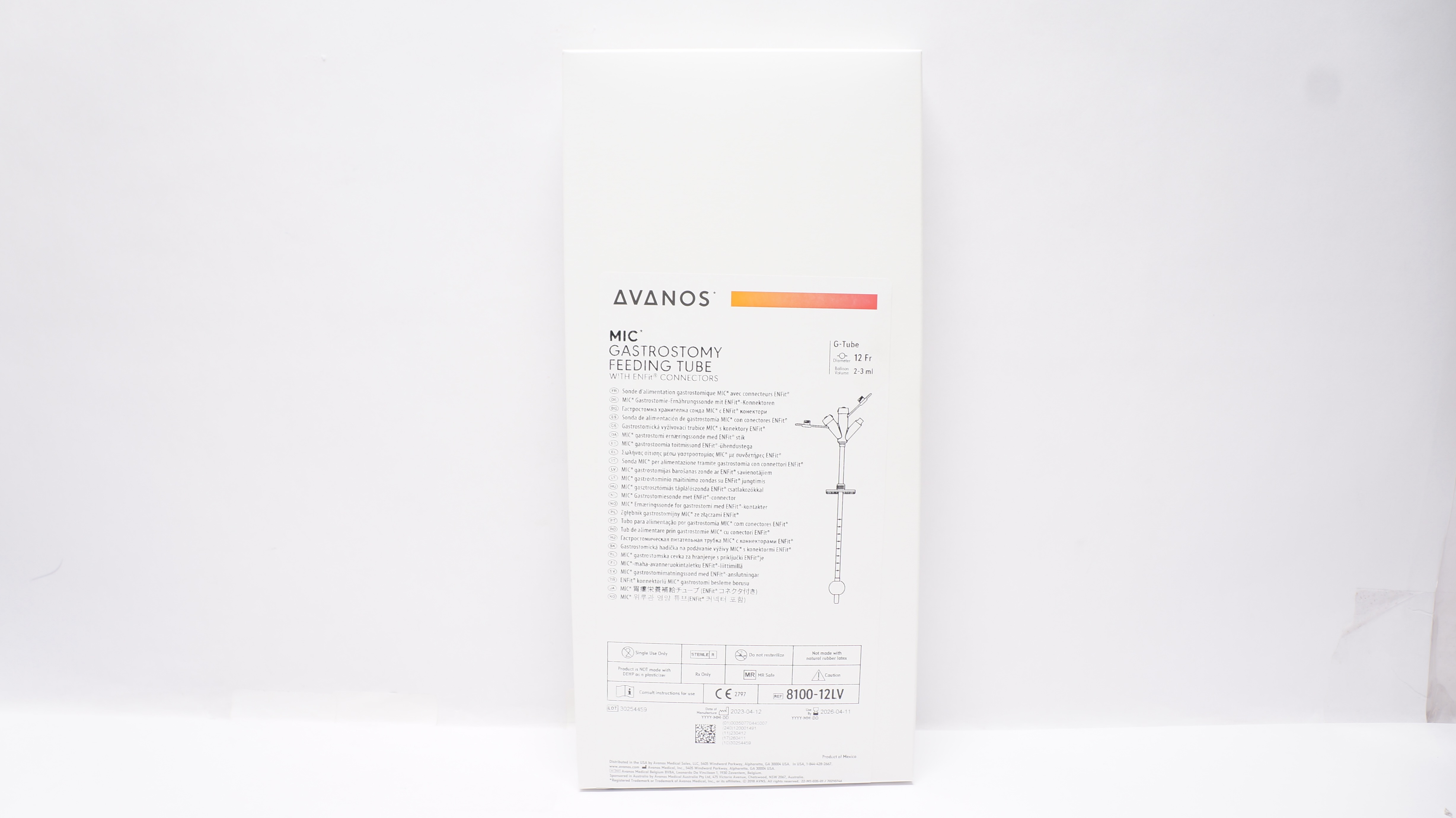 Avanos 8100-12LV MIC Gastrostomy Feeding Tube w/ENFit Connectors 12Fr x 2-3ml