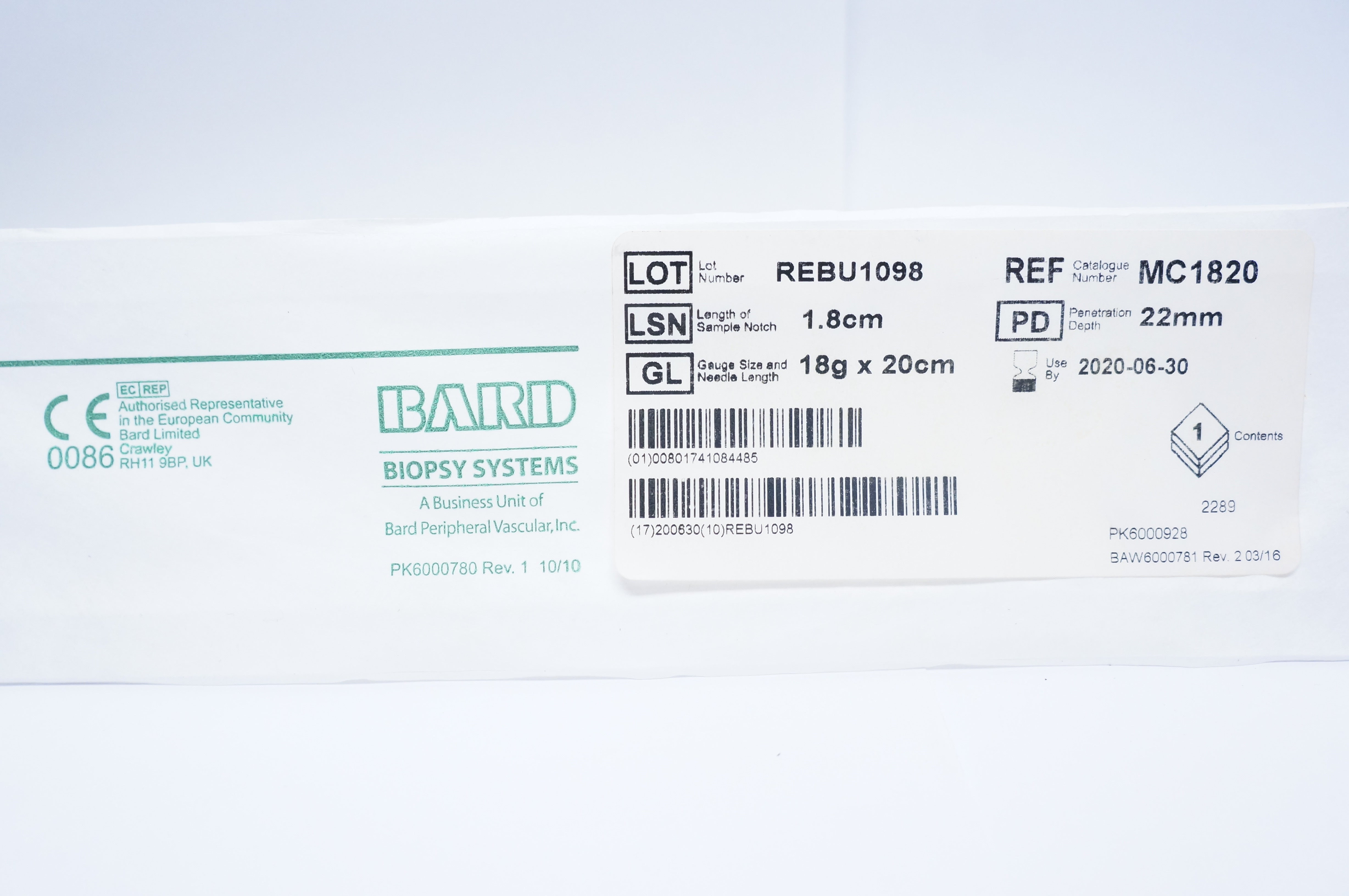 Bard MC1820 Max Core Disposable Core Biopsy Instrumnet 1.8cm x22mm 18gx20cm (x)