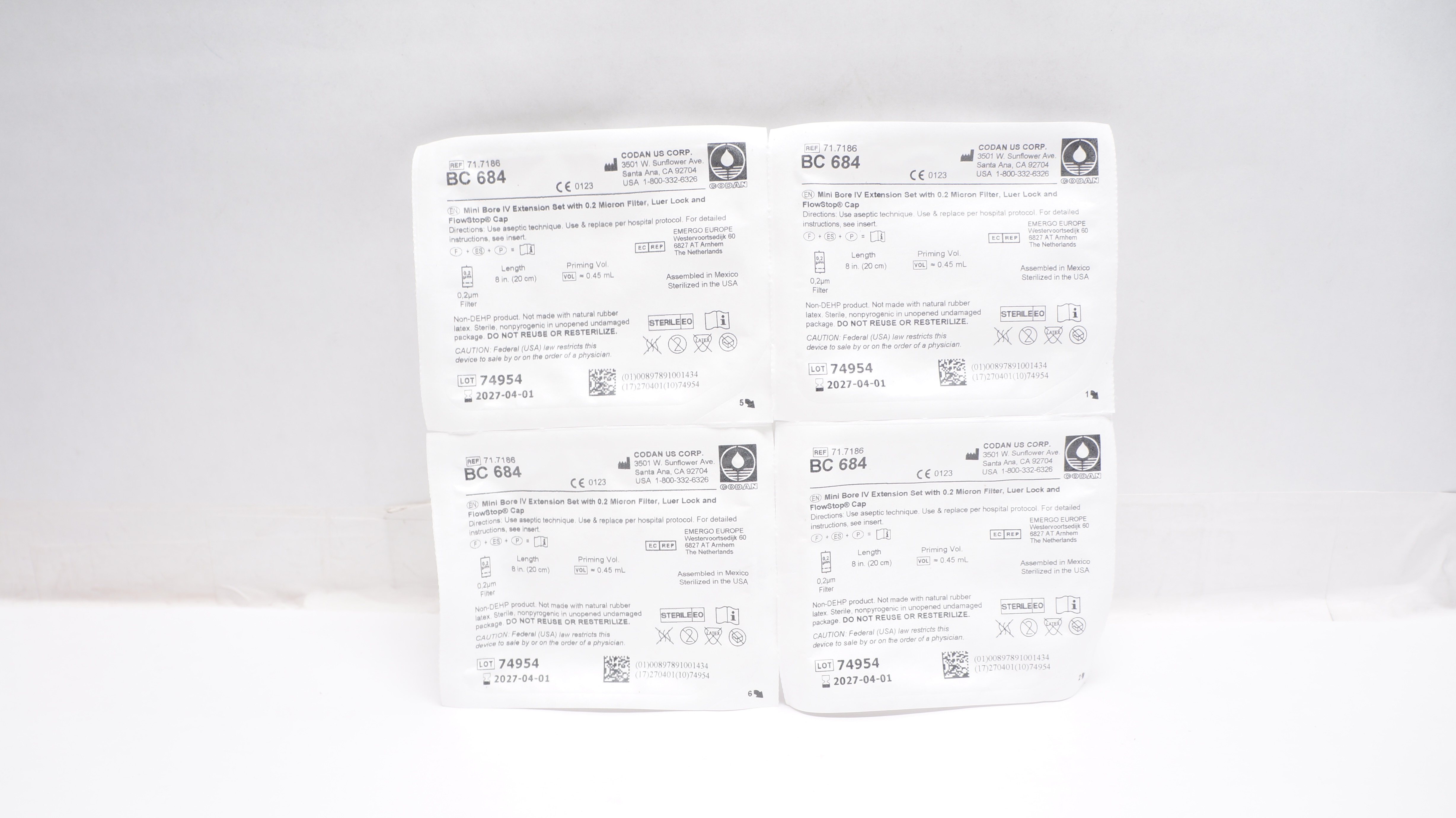 Codan 71.7186 BC 684 Mini Bore IV Extension Set W/ 0.2Micron Filter - Lot of 4