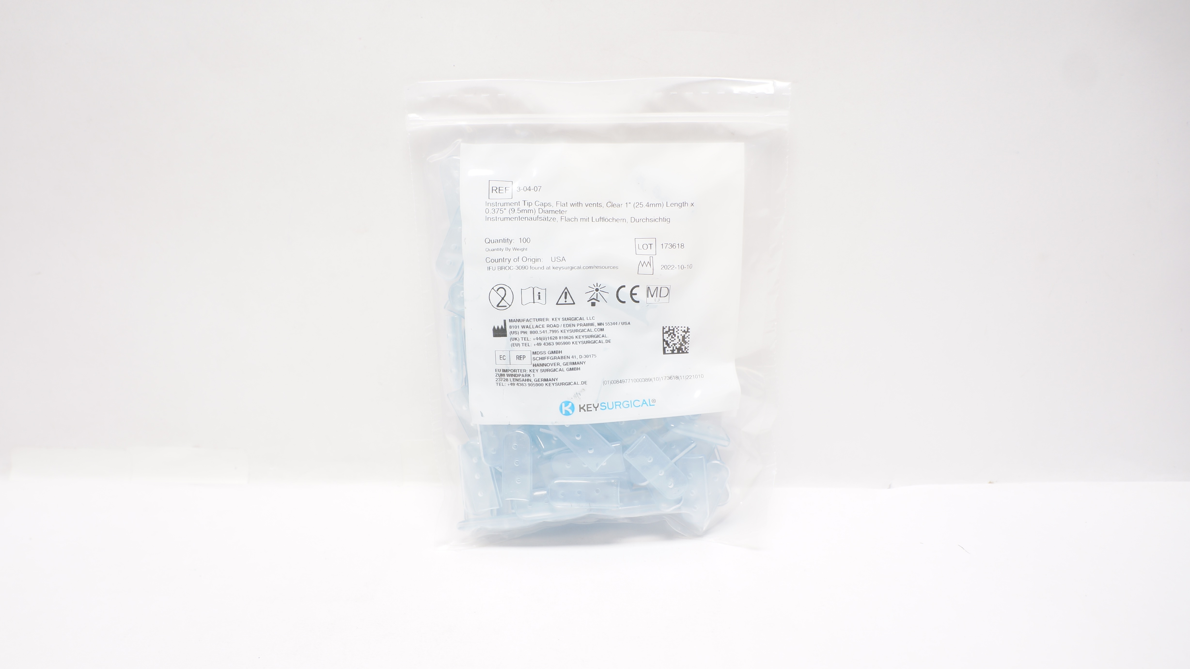 Key Surgical 3-04-07 Instrument Tip Caps, Flat w/Vents, Clear - Pack of 100