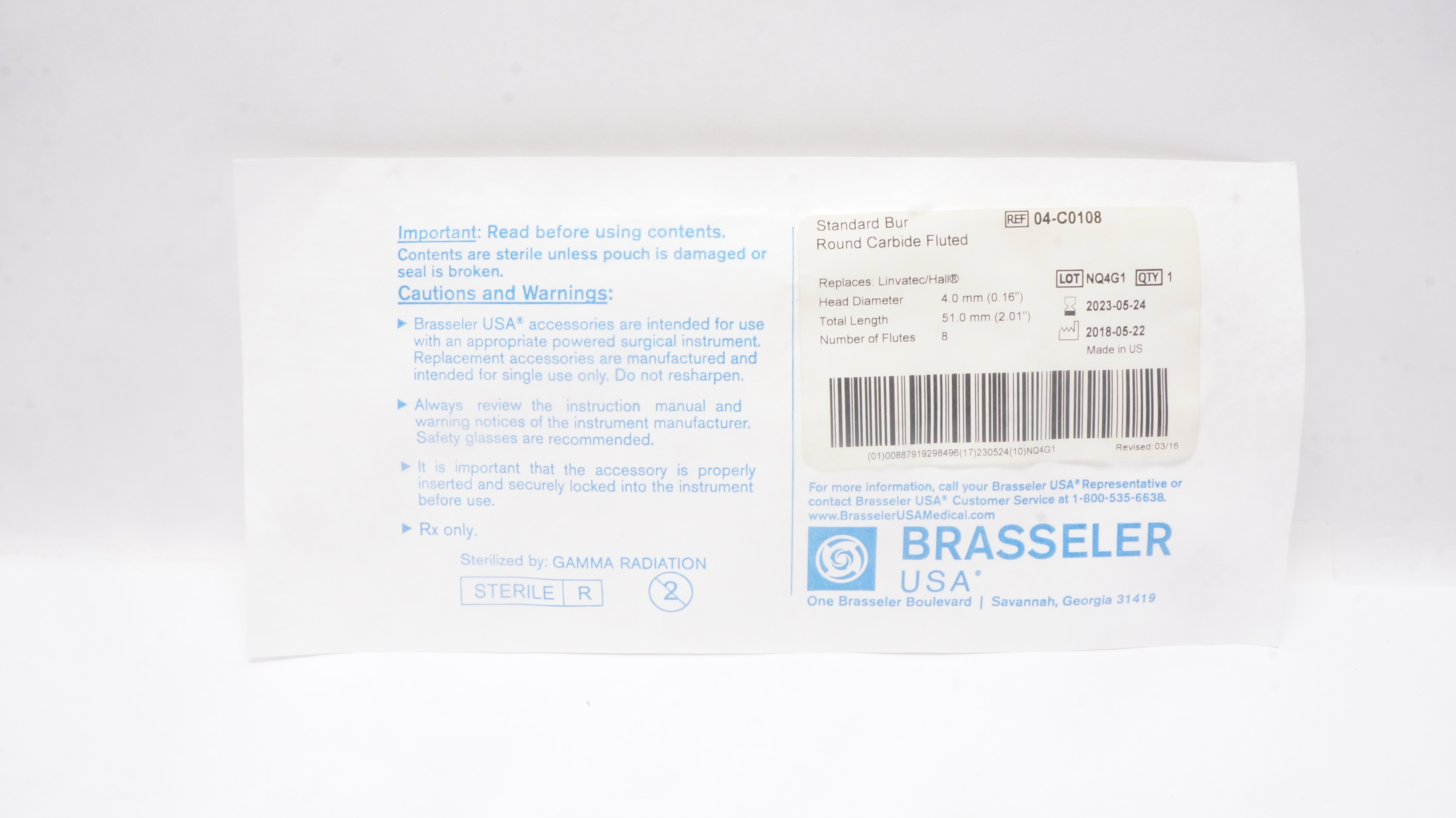 Brasseler USA 04-C0108 Standard Bur Round Carbide Fluted 0.16in x 2.01in (x)