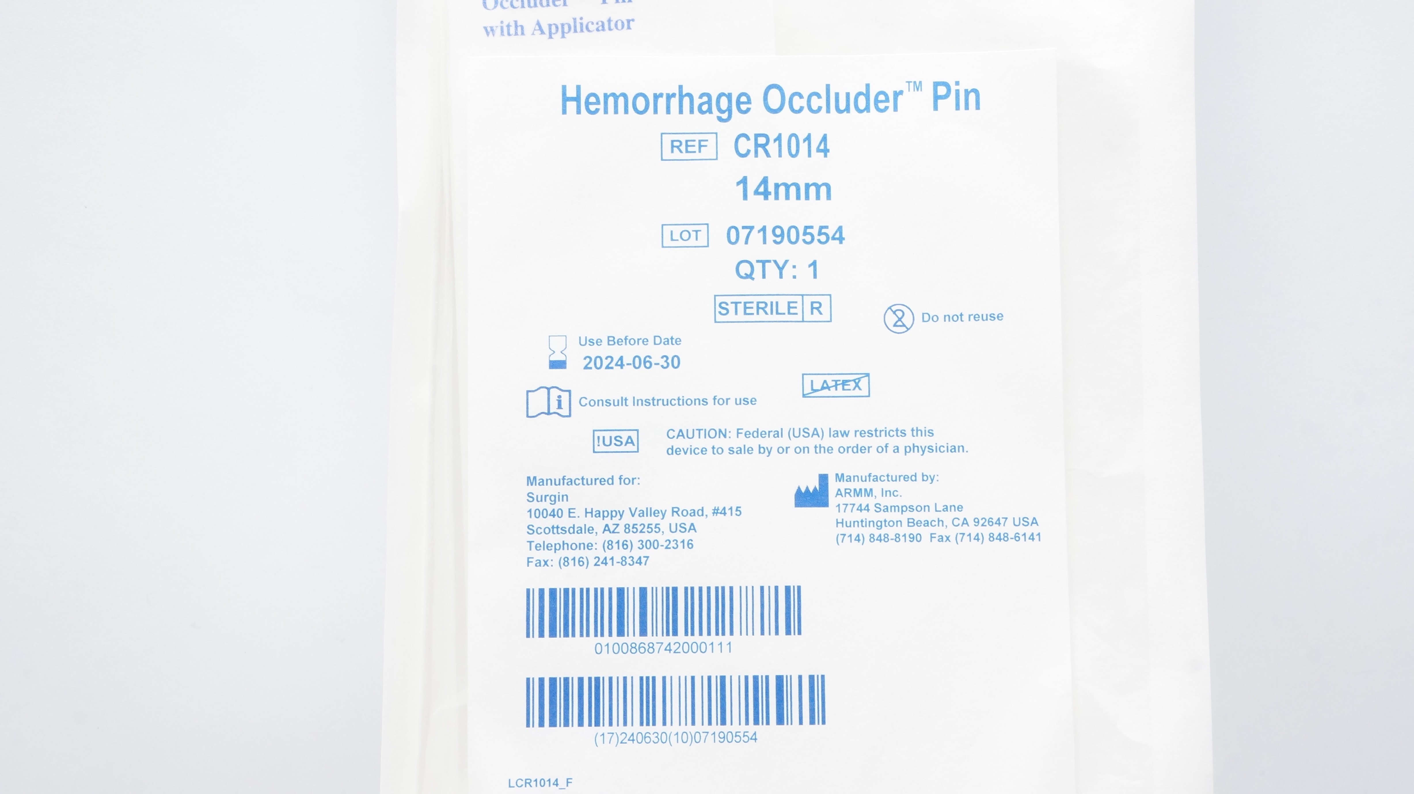 ARMM CR1014 Surgin Hemorrhage Occluder Pin w/Applicator 14mm (x)