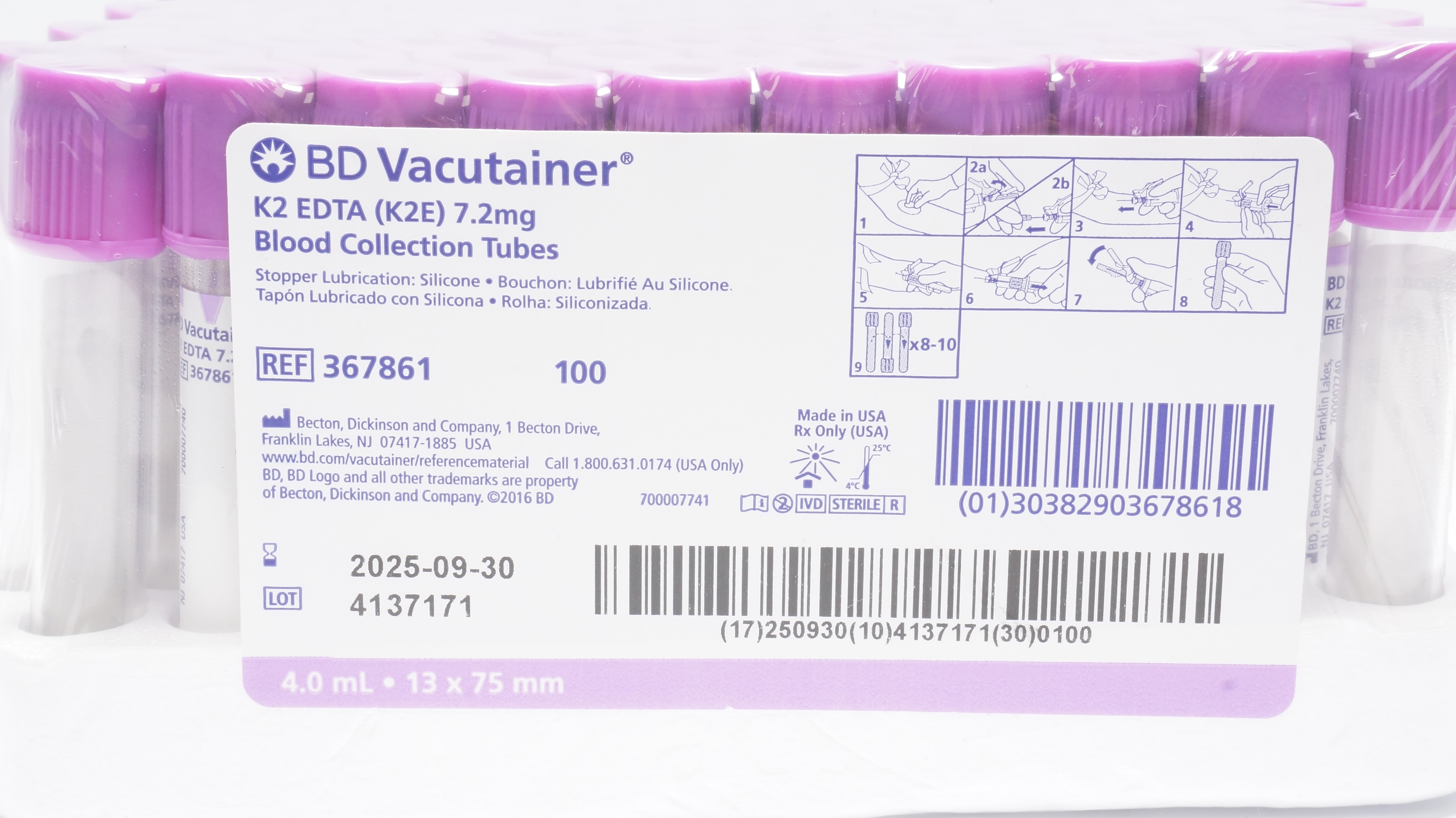 BD 367861 Vacutainer K2 EDTA 7.2mg Blood Collection Tubes 13 x 75mm- Pack of 100