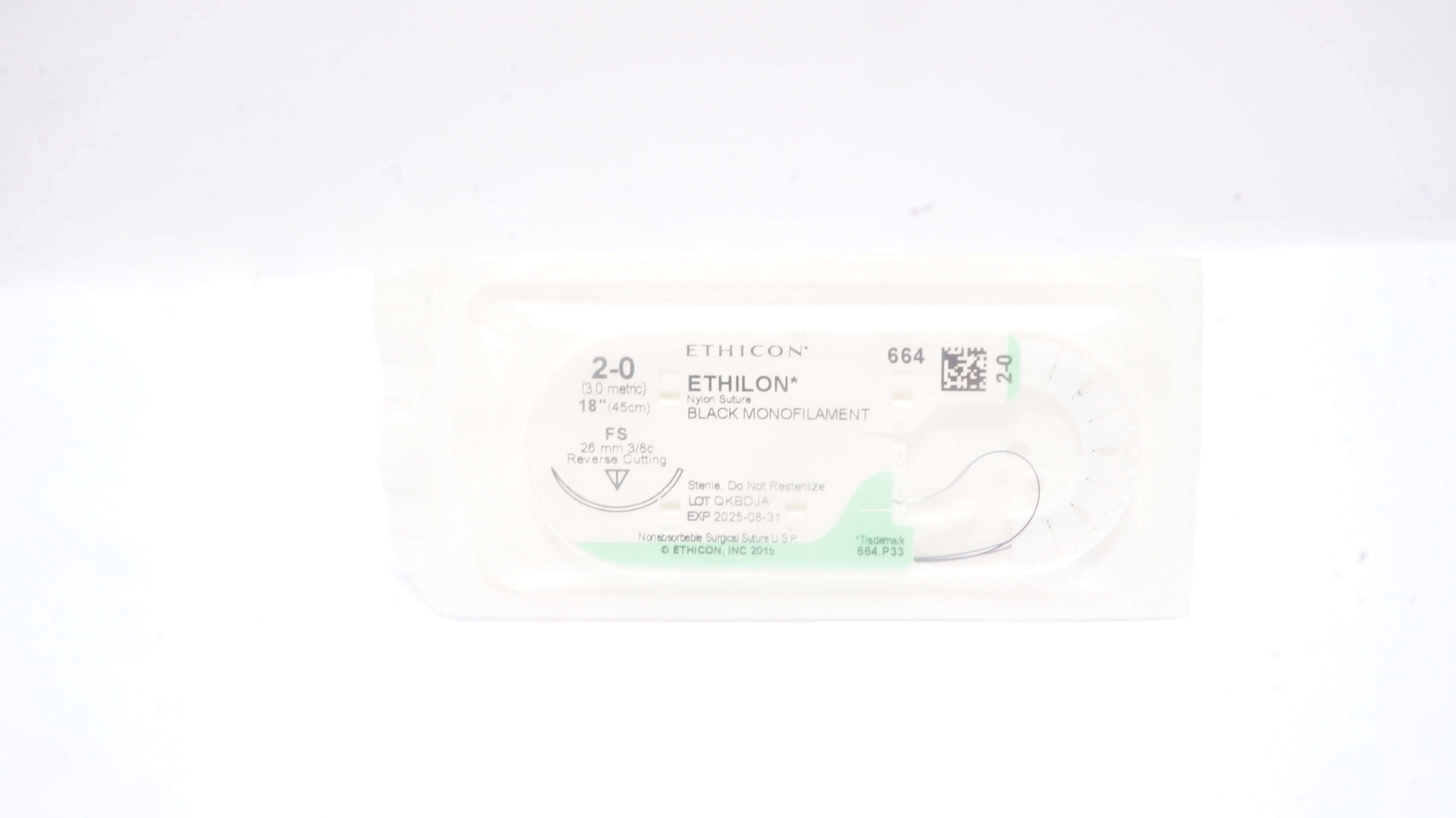 Ethicon 664 2-0 Ethilon Nylon Stre FS 26mm 3/8c Reverse Cutting 18 inch