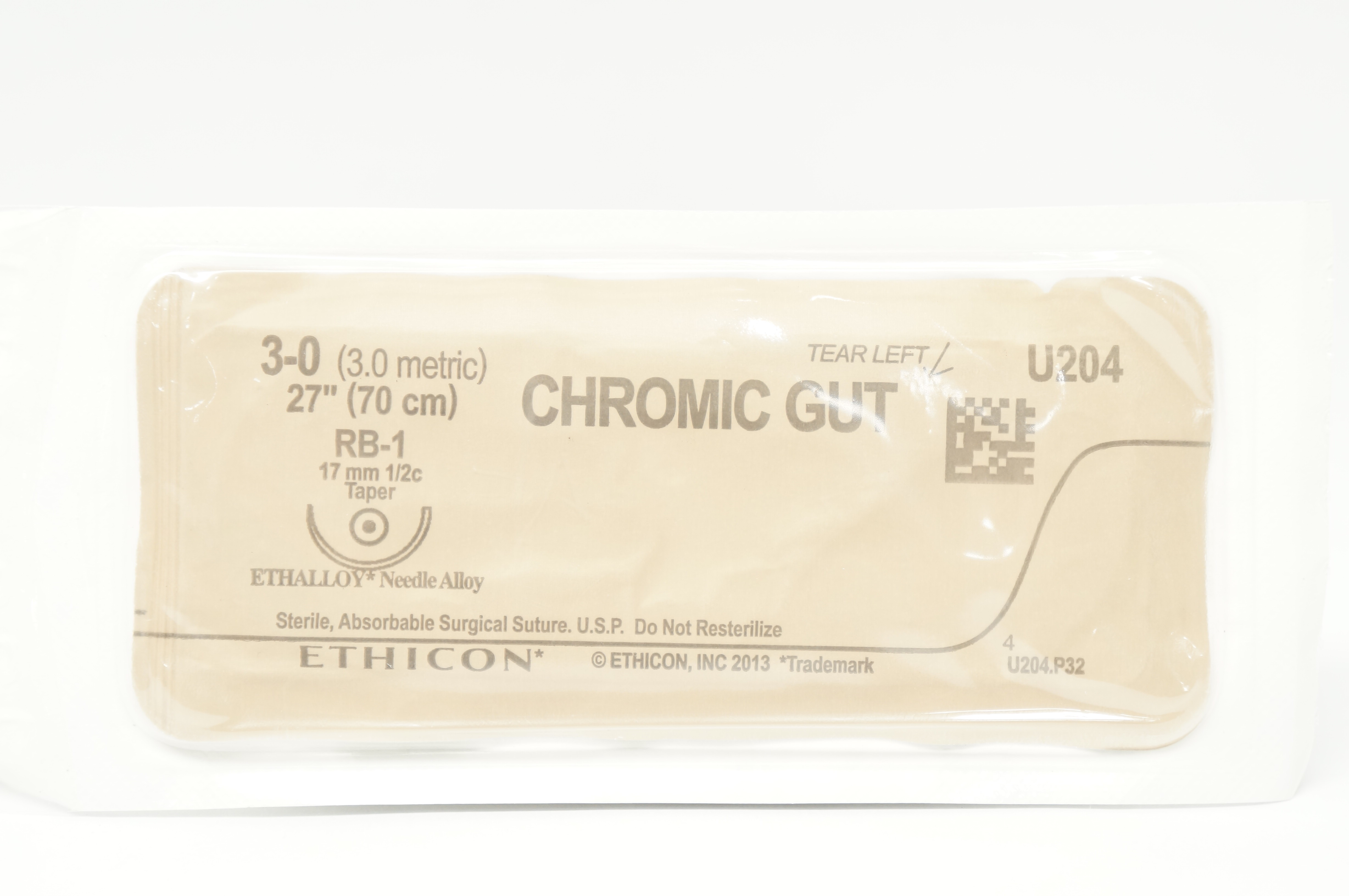 Ethicon U204 3-0 CHROMIC GUT, RB-1, 17mm 1/2c Taper, 27inch