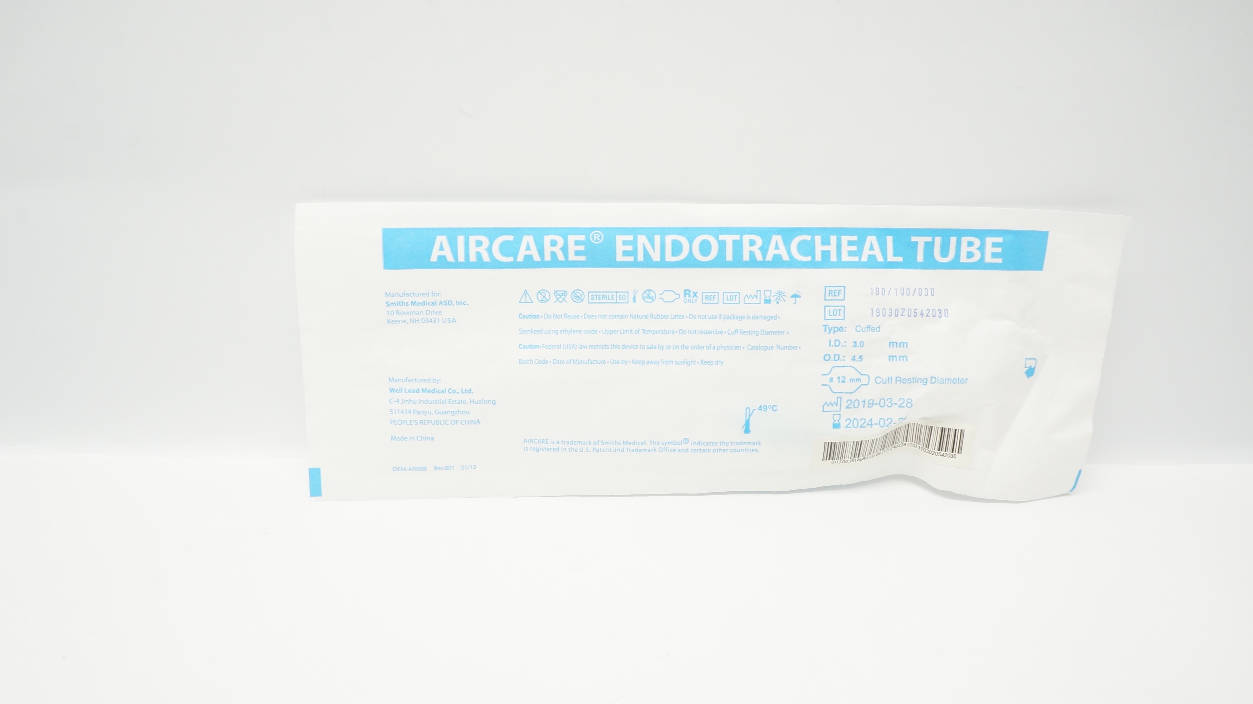 Well Lead 100/100/030 Airfare Endotracheal Tube Cuffed,  I.D 3.0 x O.D 4.5mm (x)