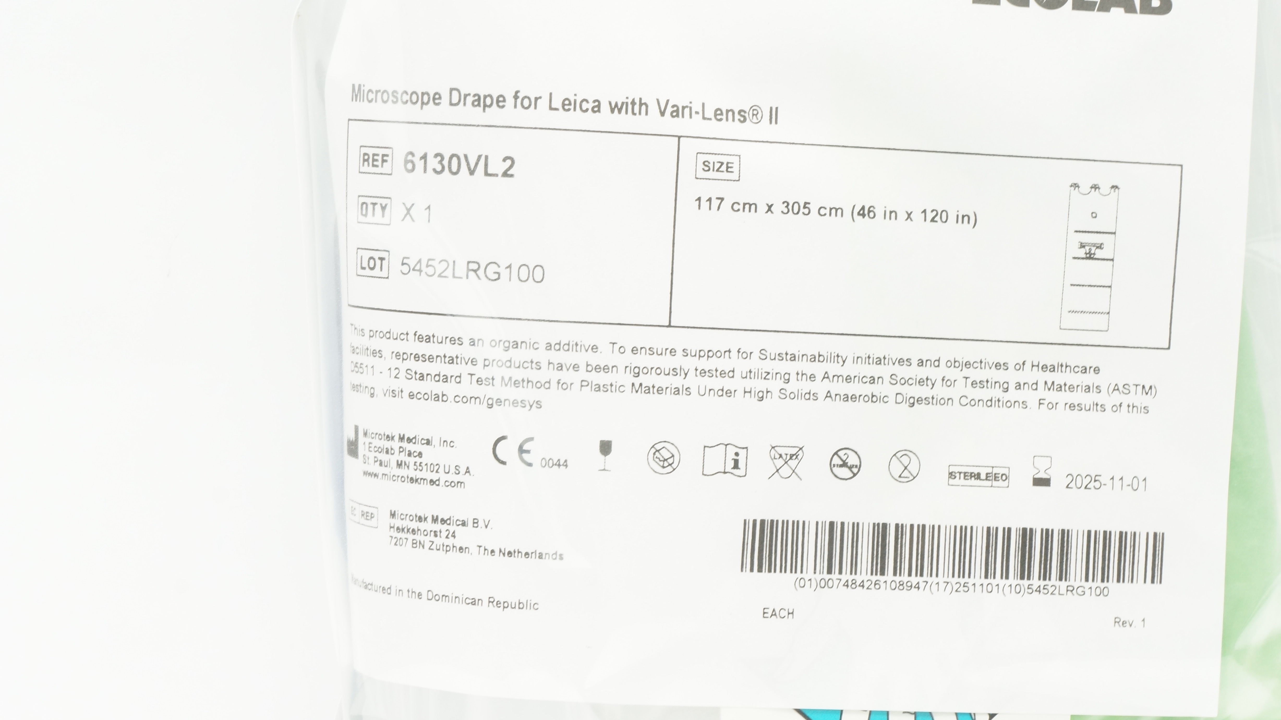 Microtek 6130VL2 Genesys Ecolab Microscope Drape for Leica 46 x 120inch