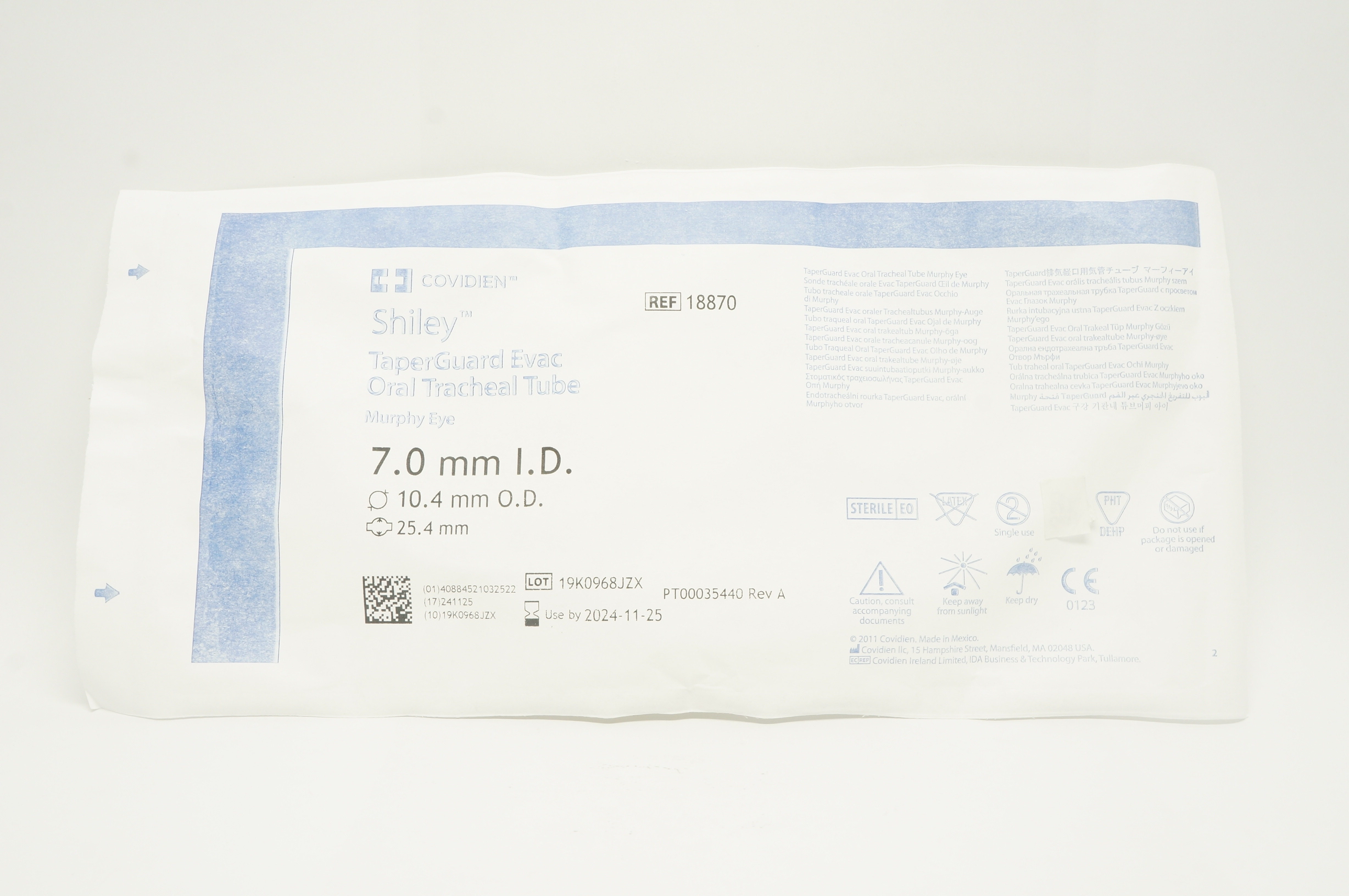 Covidien 18870 Shiley TaperGuard Evac Oral Tracheal Tube 7.0mm ID, 10.4mm OD