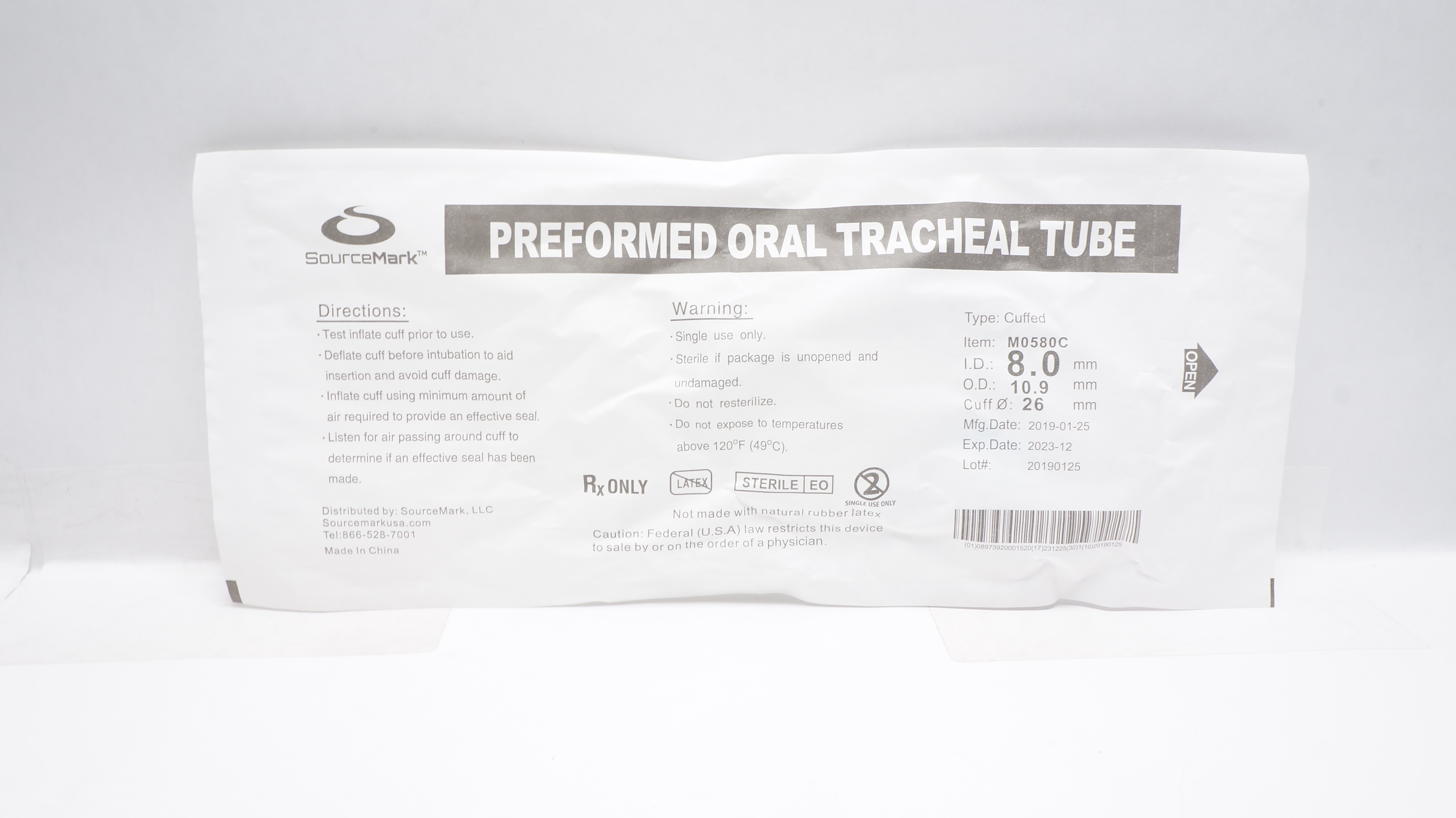 SourceMark M0580C Preformed Oral Tracheal Tube 8.0 mm x 10.9 mm x 26 mm (x)
