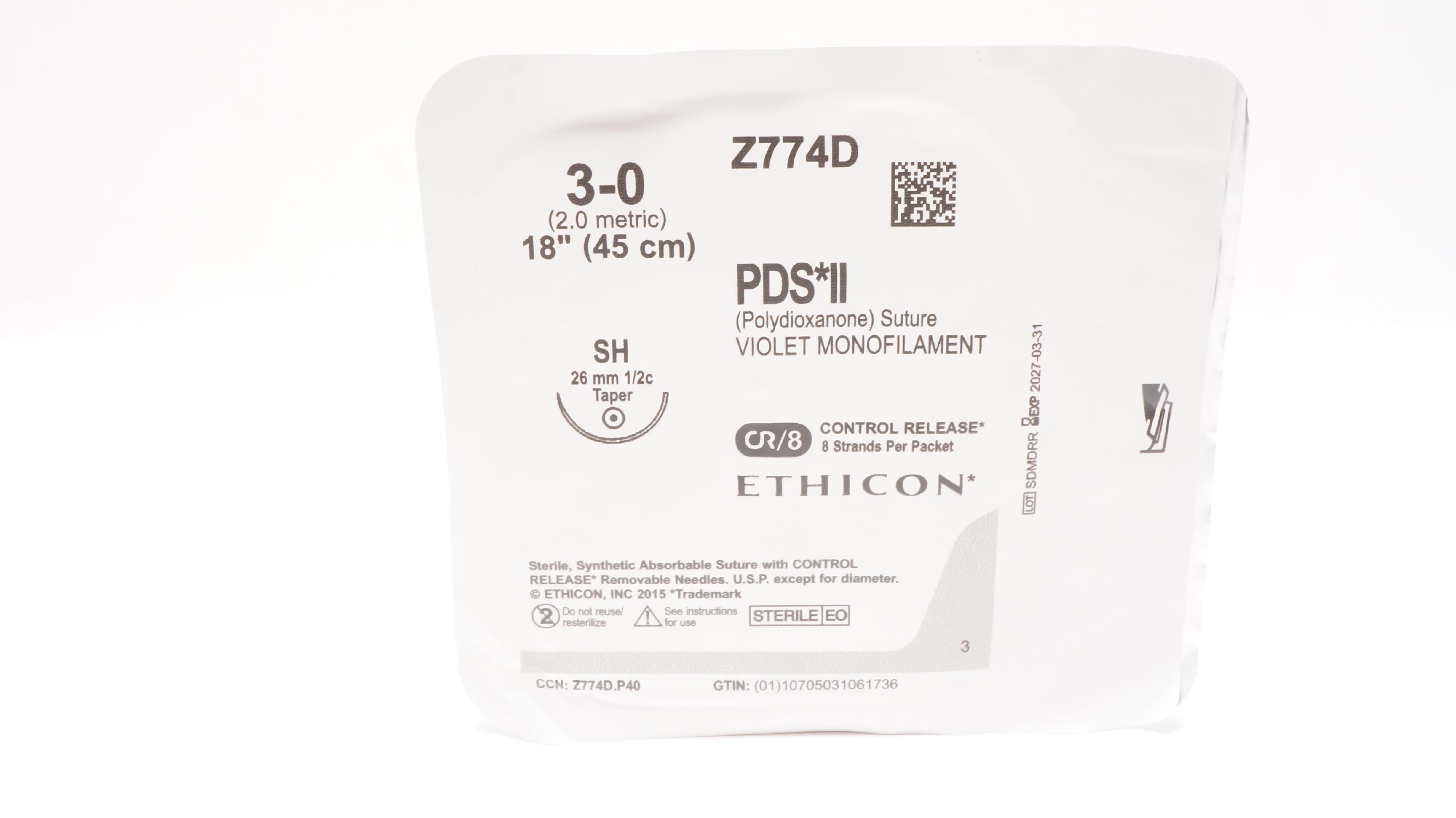 Ethicon Z774D 3-0 PDS II Polydioxanone Stre SH 26mm 1/2c Taper 18inch