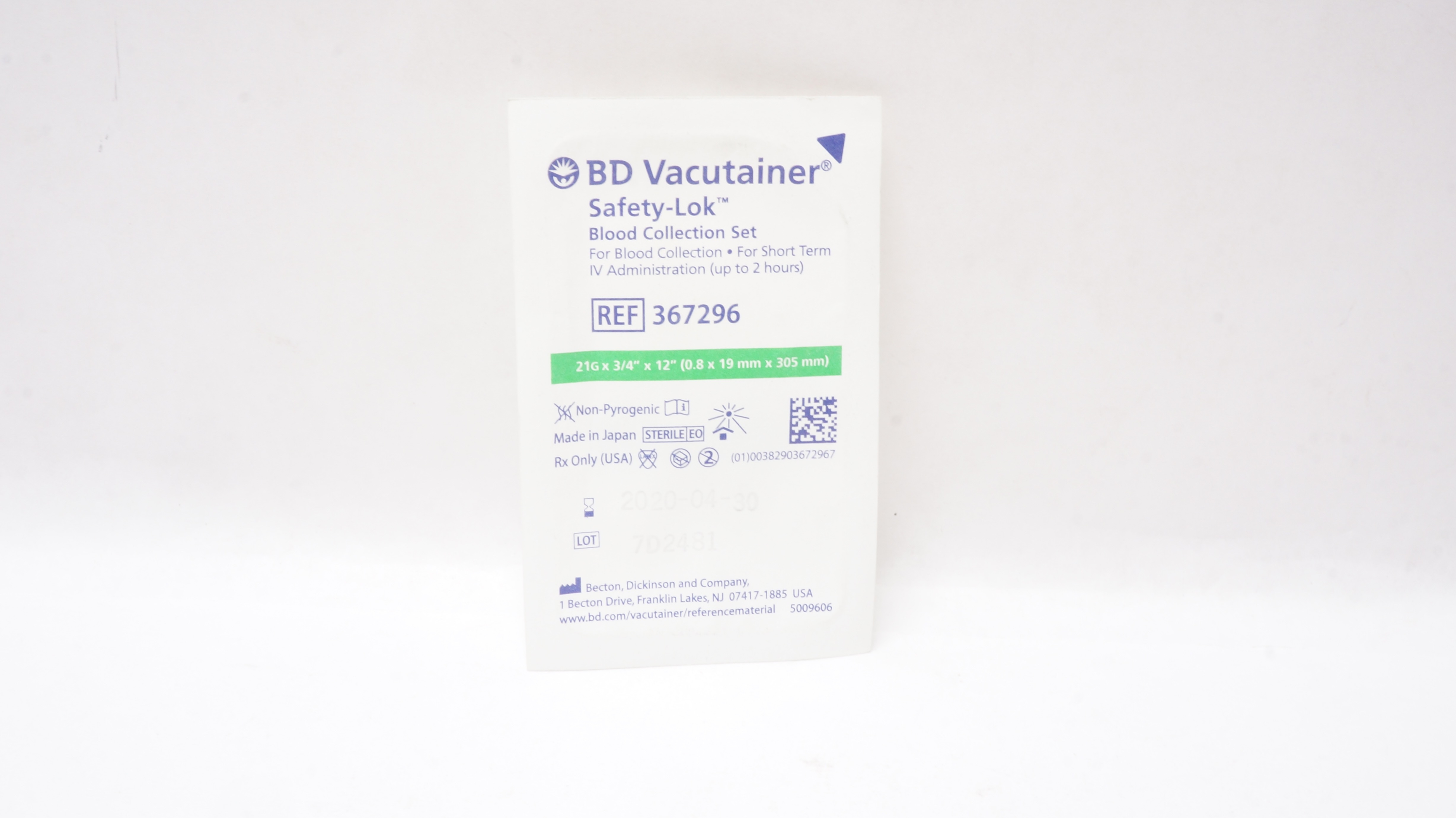 BD 367296 Vacutainer Safety-Lok Blood Collection Set 21G x 3/4inch x 12inch (x)