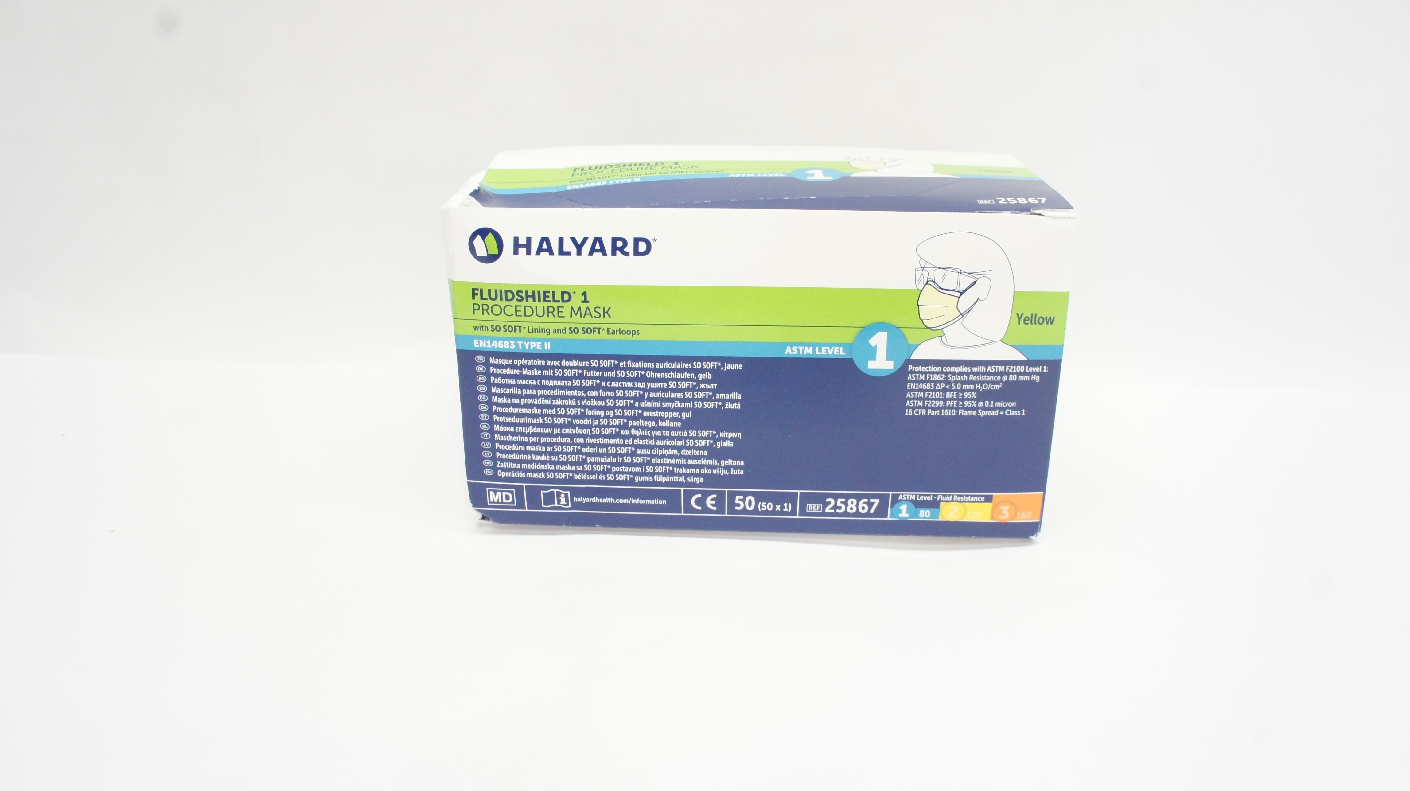 Halyard 25867 FLUIDSHIELD 1 Procedure Mask, w/SO Soft Lining - Box of 50