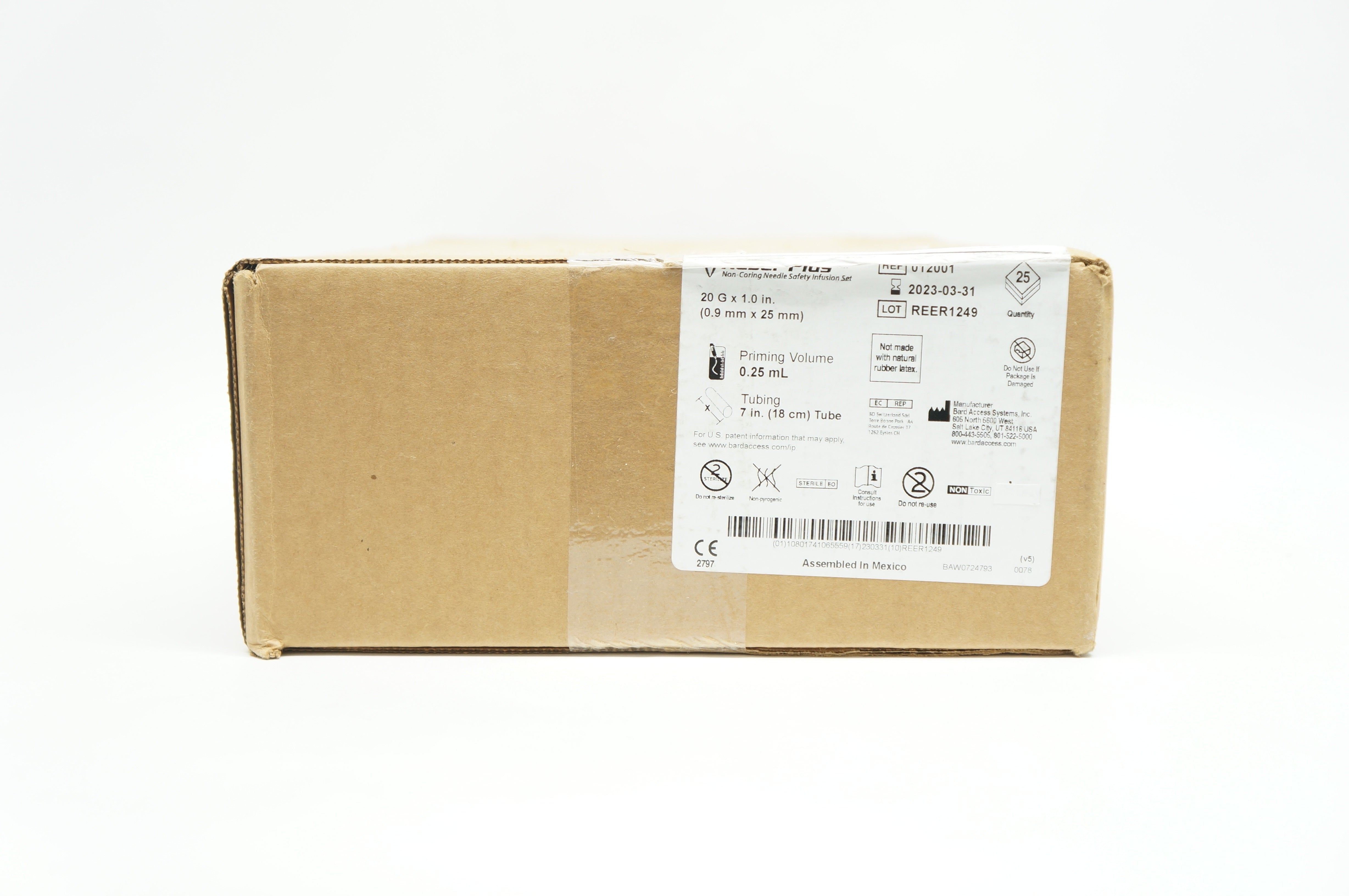 Bard 012001 Non-Coring Ndle. Safety Infusion Set 20G x 1.0inch - Box of 25