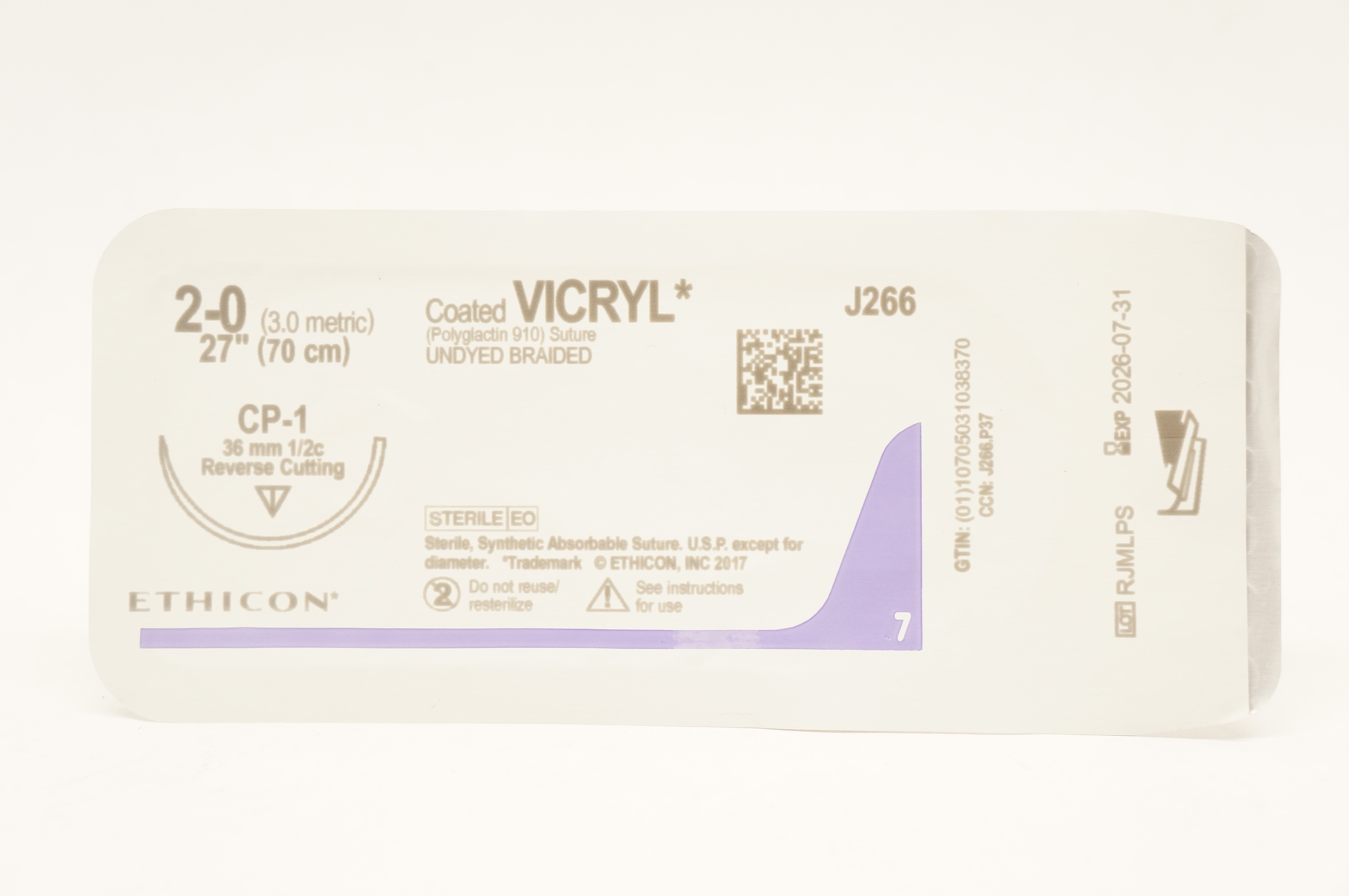 Ethicon J266 2-0 VICRYL CP-1 36mm 1/2c Reverse Cutting 27inch