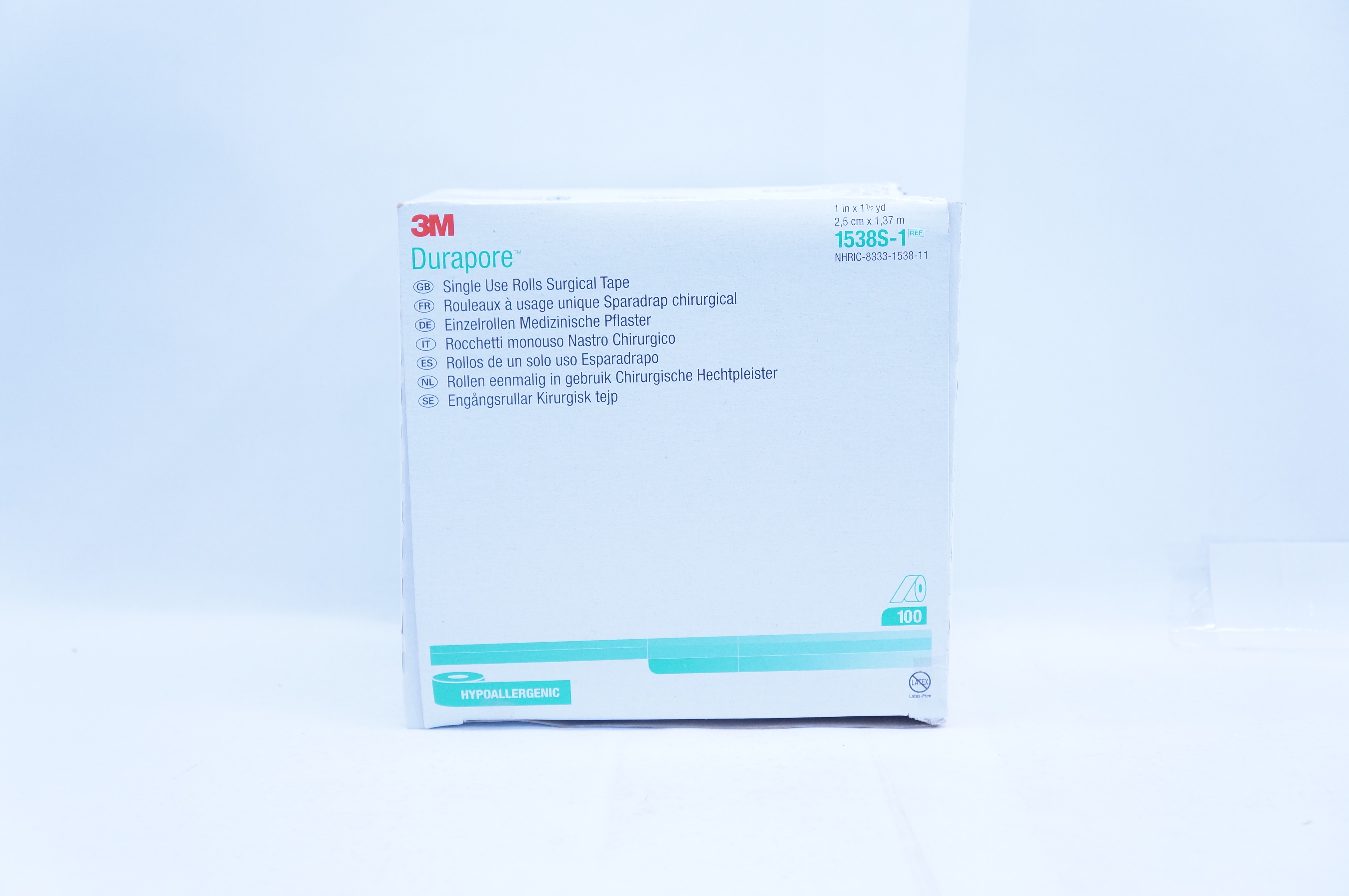 3M 1538S-1 Durapore Single Use Rolls Surgical Tape 1inch x 1.5yd. - Box of 100