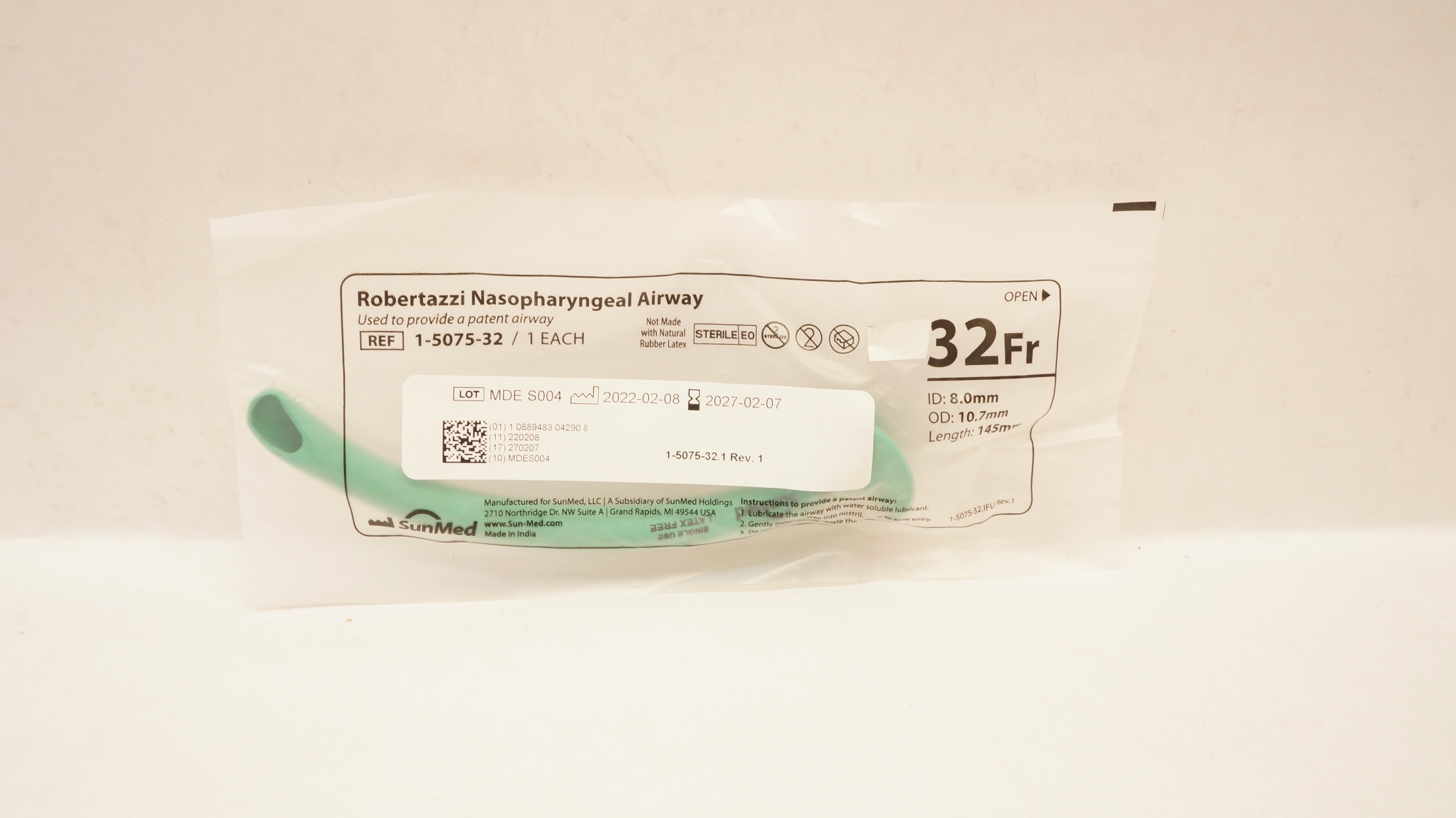 SunMed 1-5075-32 Robertazzi Nasopharyngeal Airway 32Fr. x 8.0mm ID x 10.7mm OD