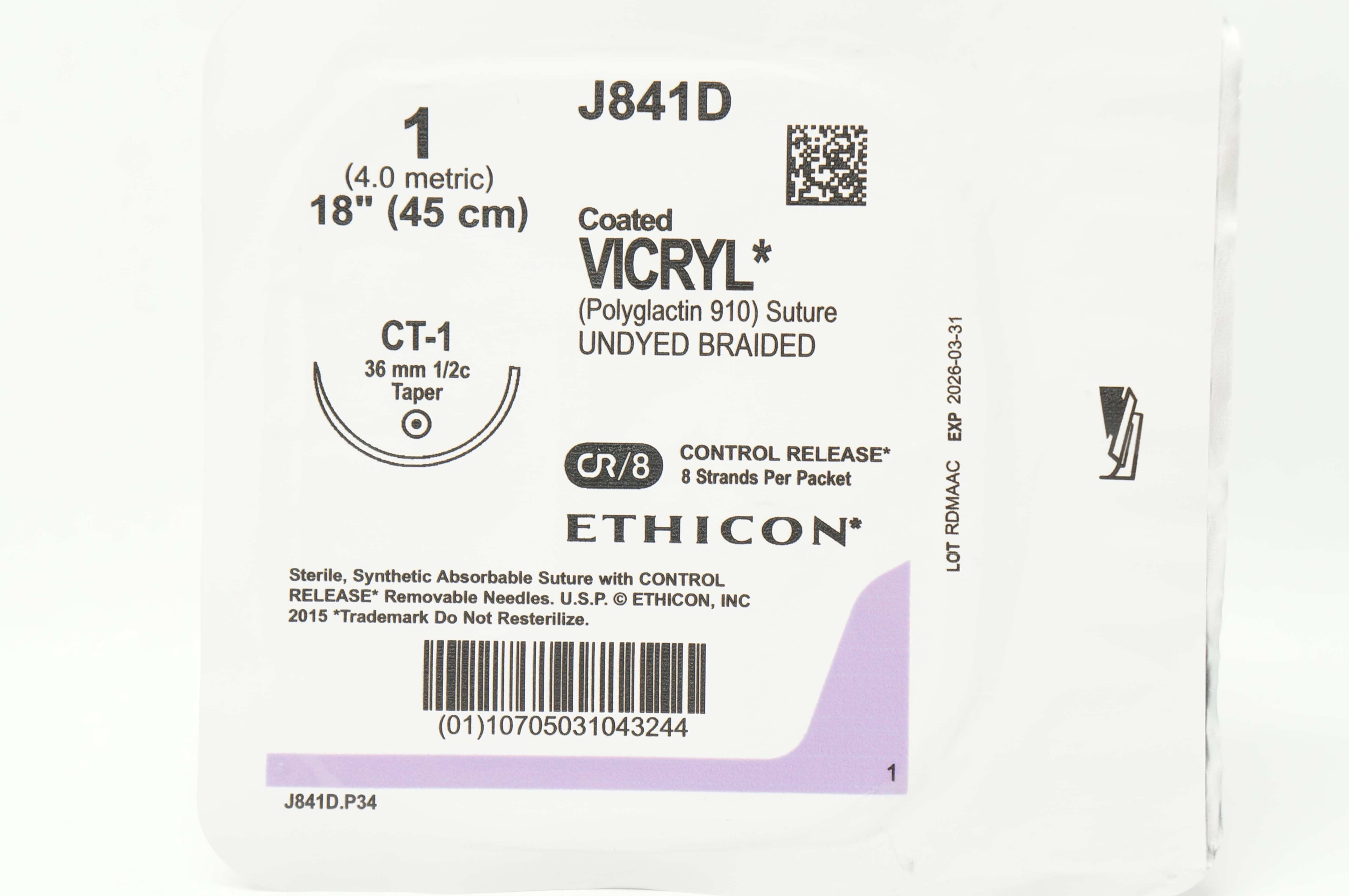 Ethicon J841D 1 Coated VICRYL Polyglactin Stre CT-1 36mm 1/2c Taper 18inch