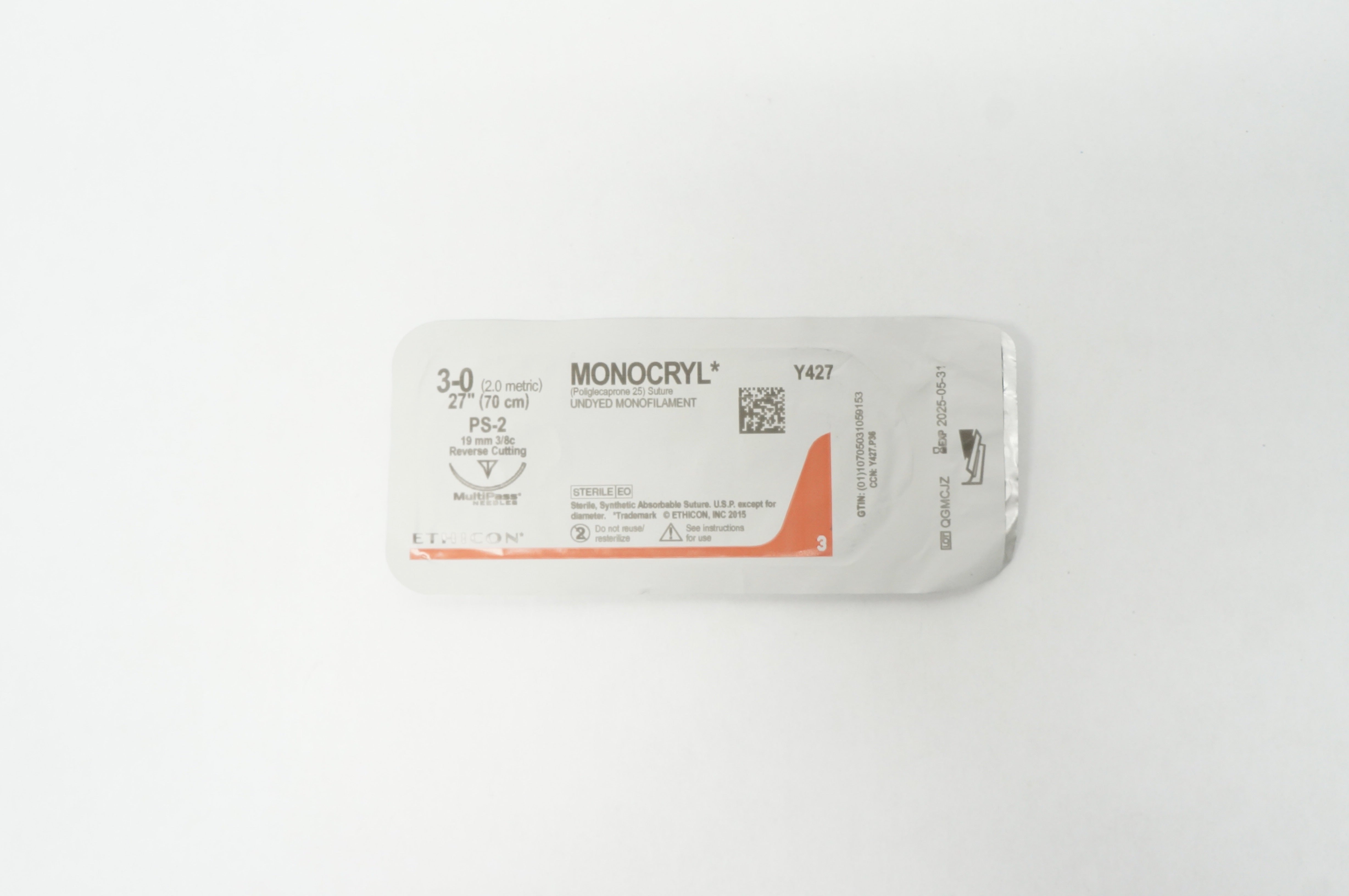 Ethicon Y427 3-0 MONOCRYL Undyed PS-2 19mm 3/8c Reverse Cutting 27inch
