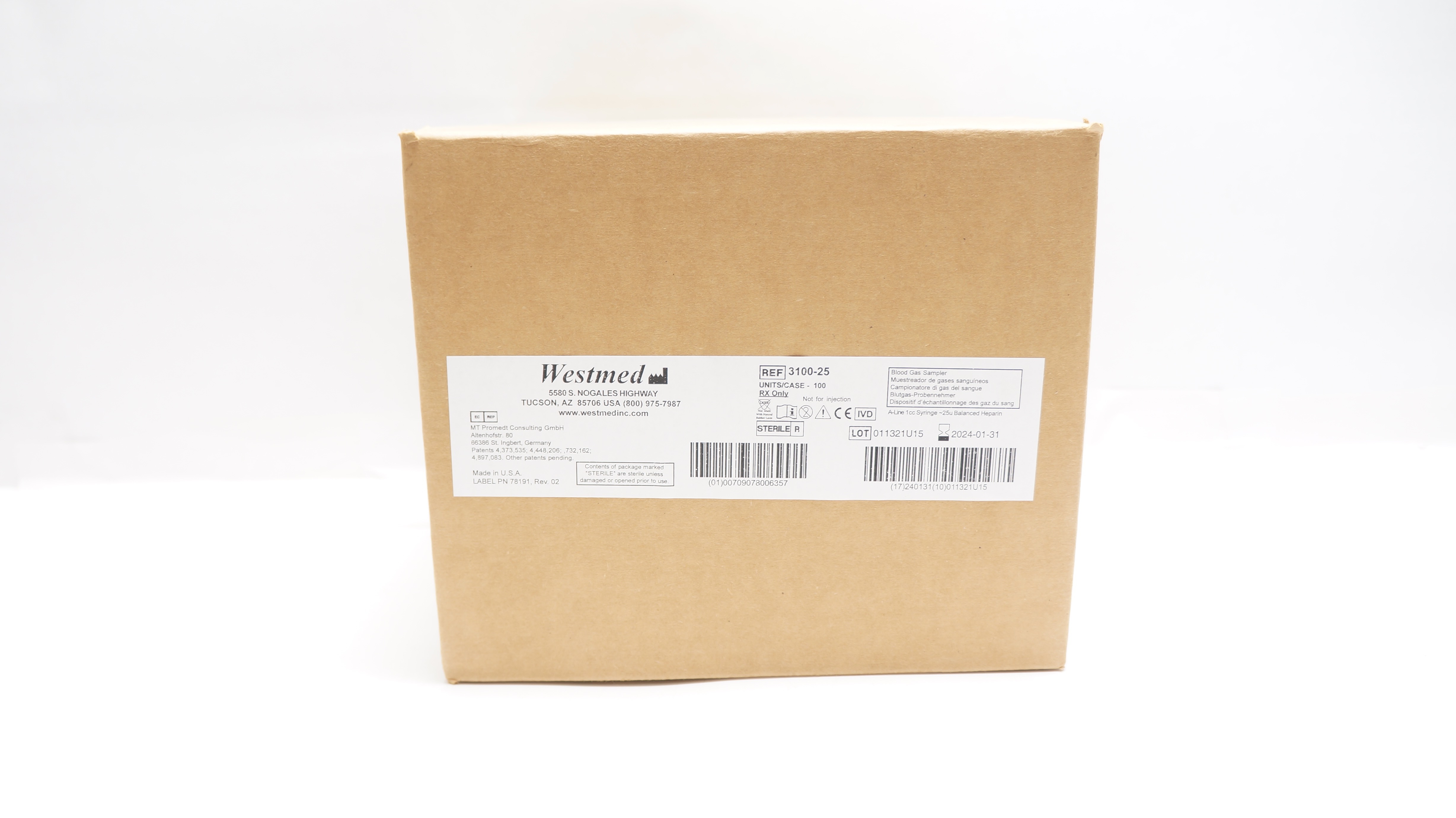 Westmed 3100-25 Blood Gas Sampler A-Line, 1CC Syringe (x) - Case of 100