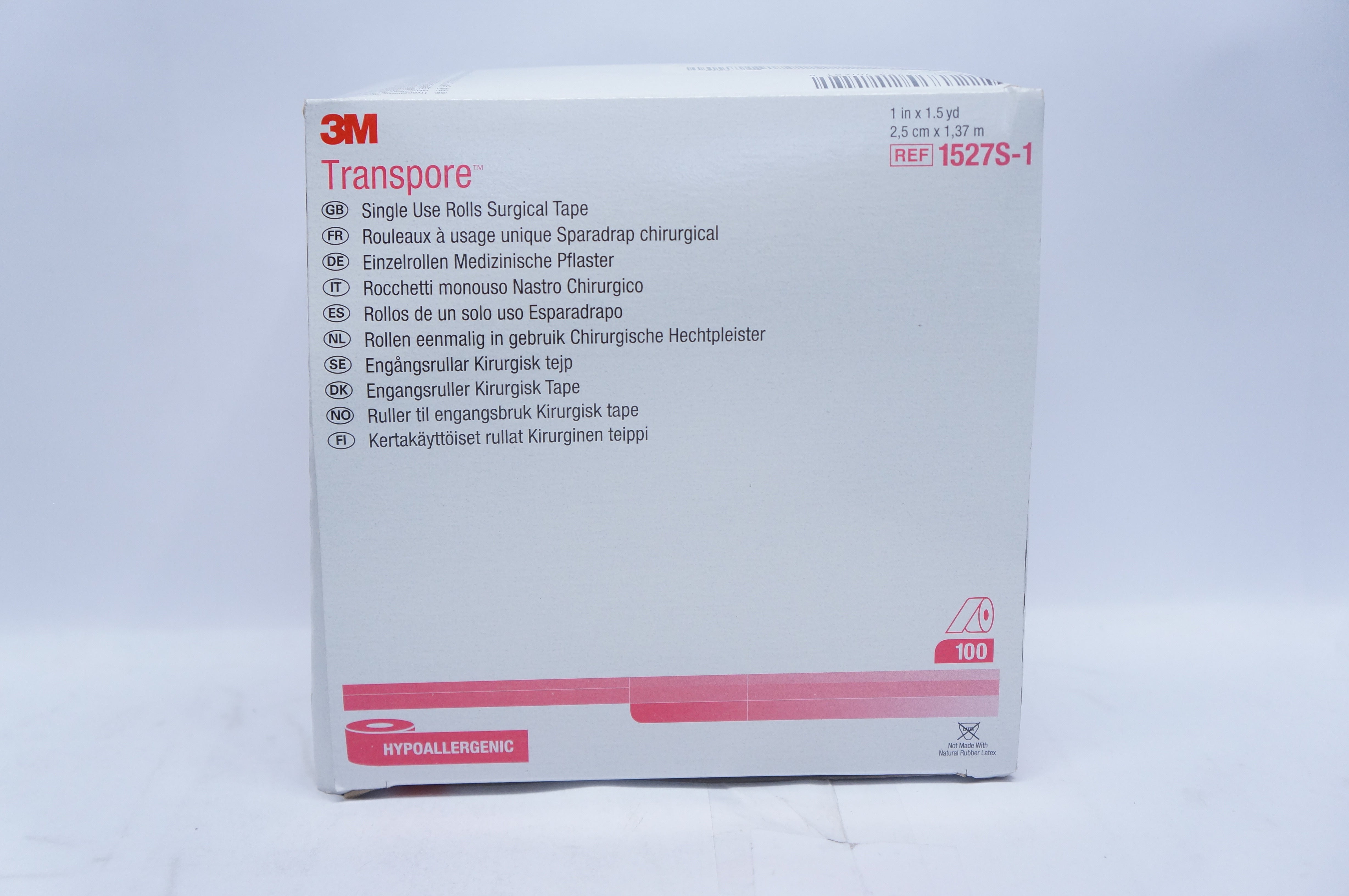 3M 1527S-1 Transpore Single Use Rolls Surgical Tape 1in x 1.5yd - Box of 100