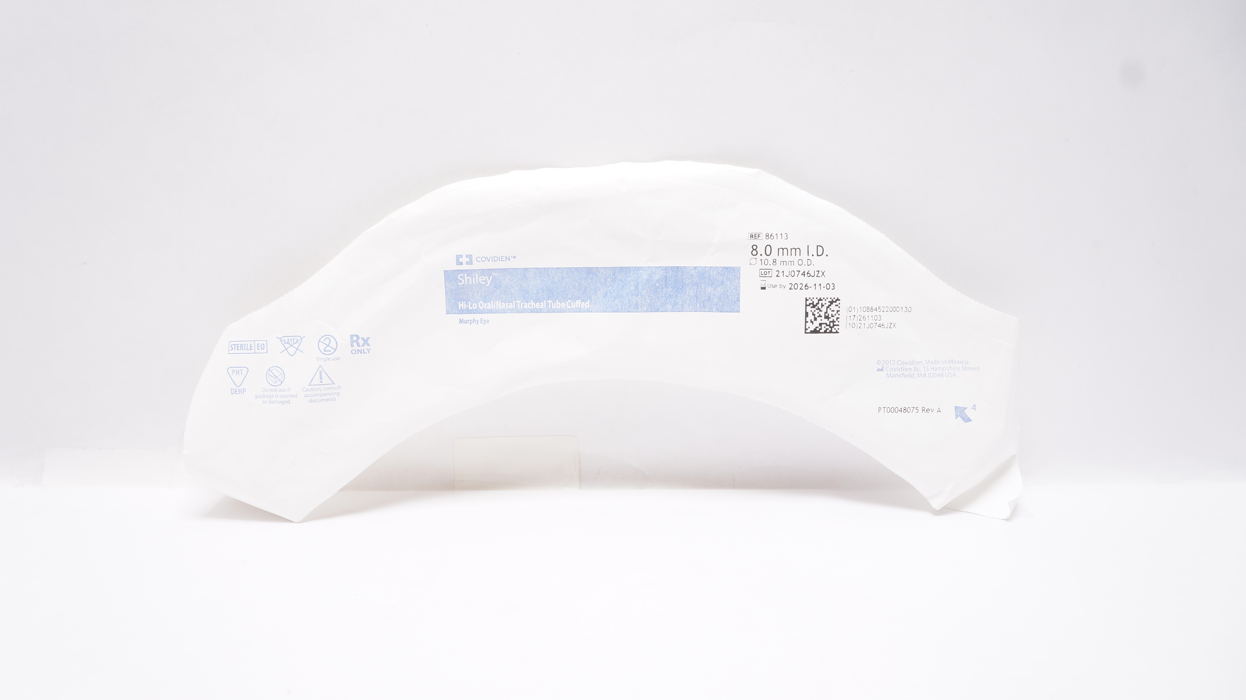 Covidien 86113 Shiley Hi-Lo Oral/Nasal Tracheal Tube Cuffed 8.0mm ID x 10.8mm OD