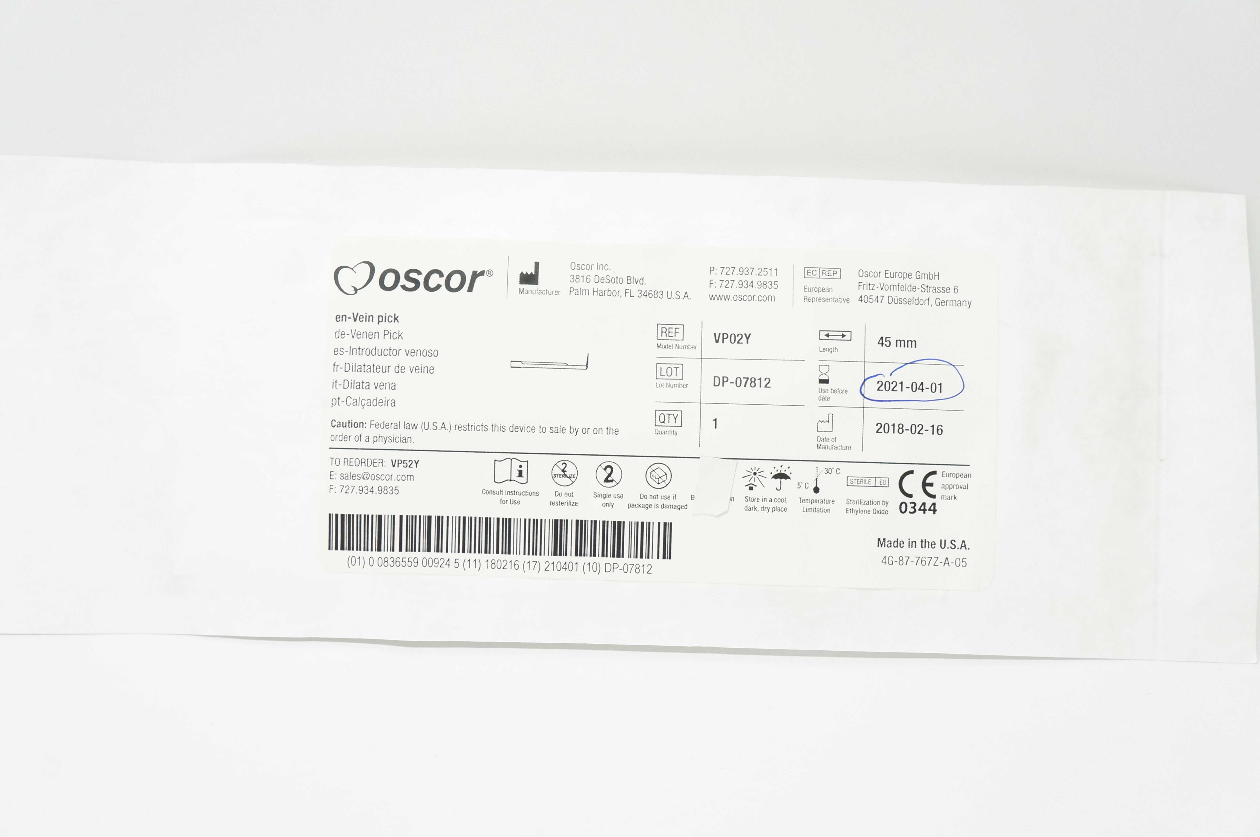 Oscor VP02Y Vein Pick 45mm (x)