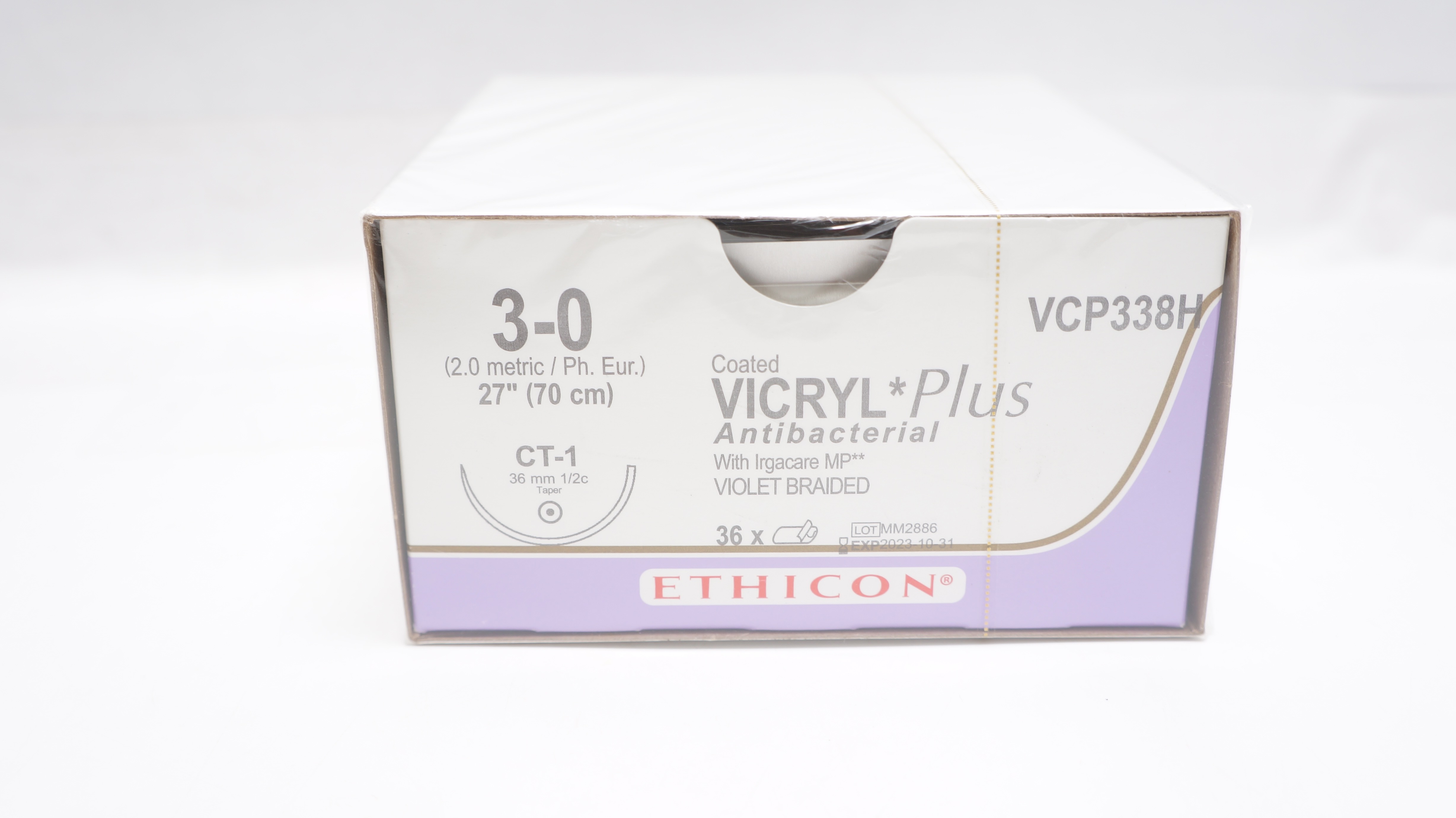 Ethicon VCP338H 3-0 VICRYL Plus Stre CT-1 36mm 1/2c Taper 27inch (x) - Box of 36