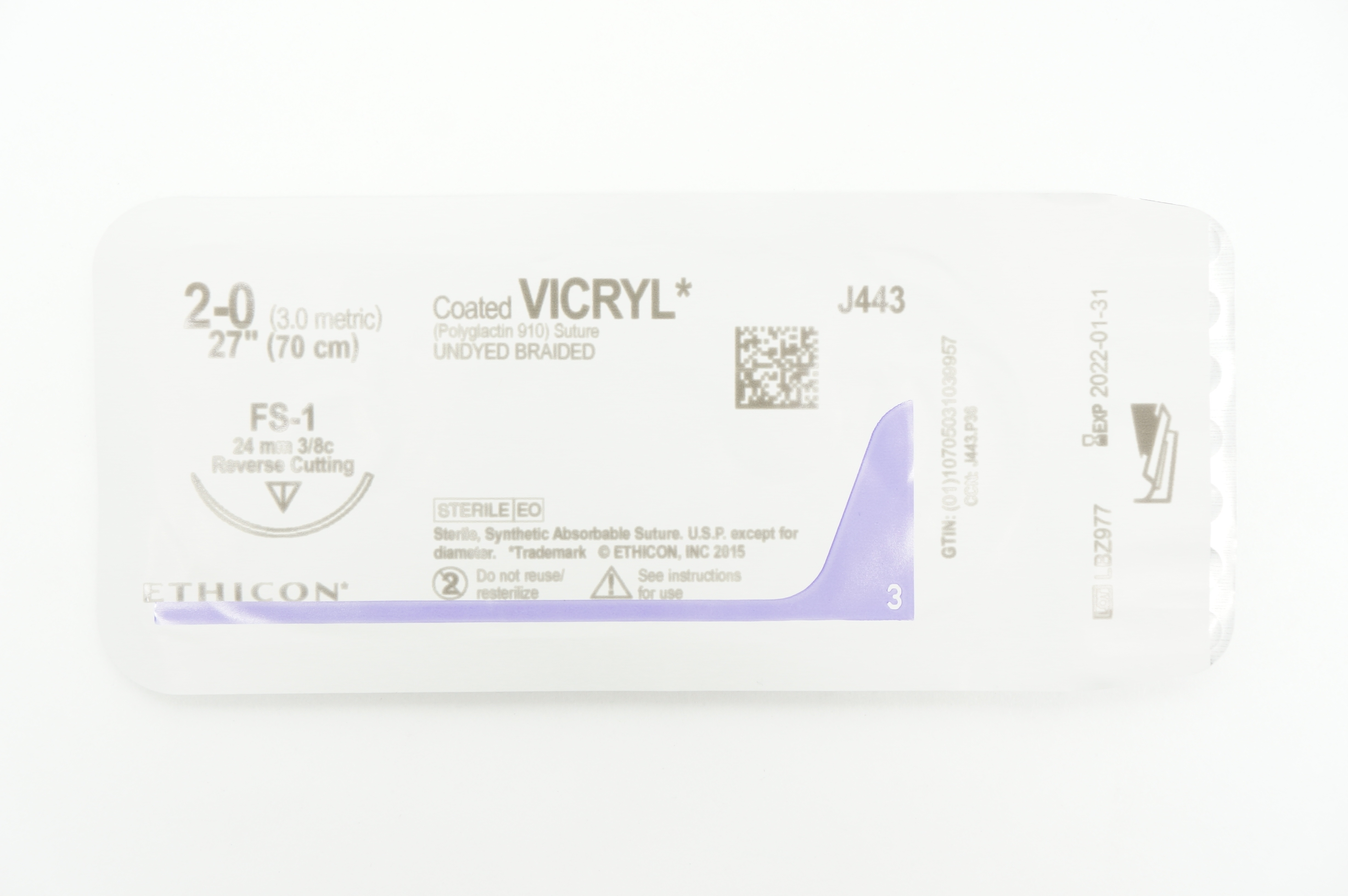 Ethicon J443 2-0 VICRYL Stre FS-1 24mm 3/8c Reverse Cutting 27inch (x)