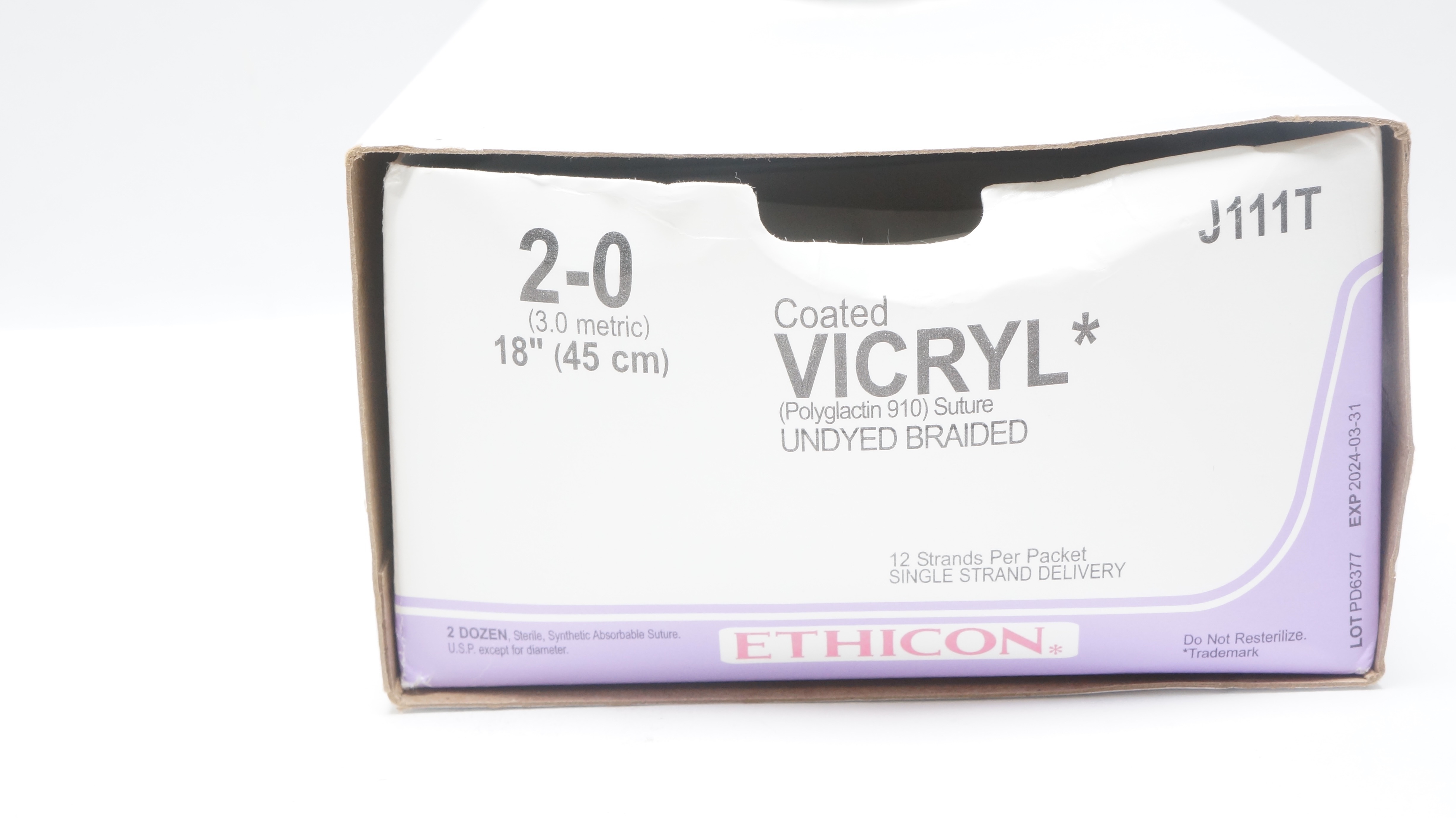 Ethicon J111T 2-0 VICRYL Polyglactin Stre Undyed Braided, 18inch (x) - Box of 20