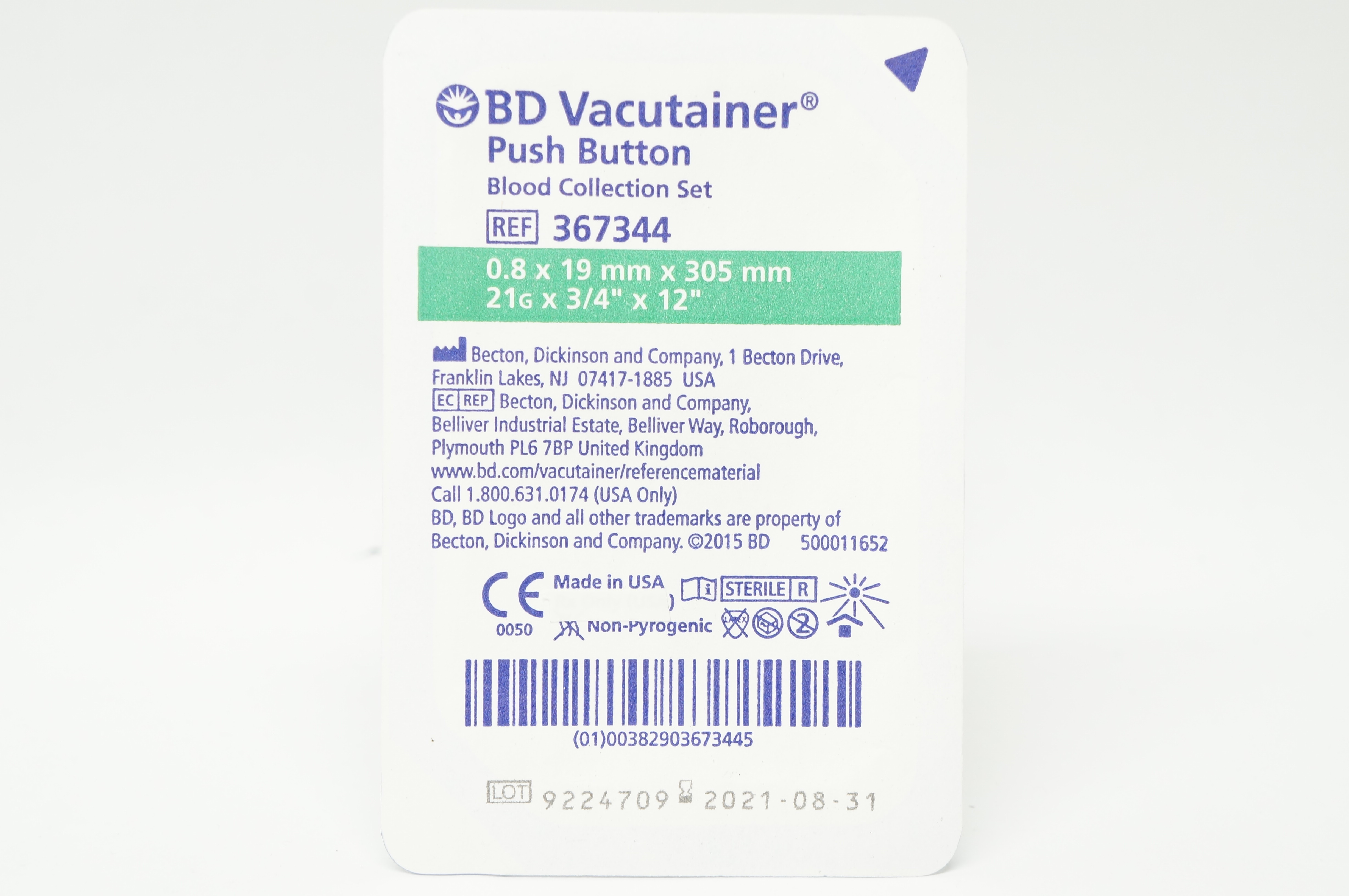 BD 367344 Vacutainer Push Button Blood Collection Set 21G x 3/4inch x 12inch (x)