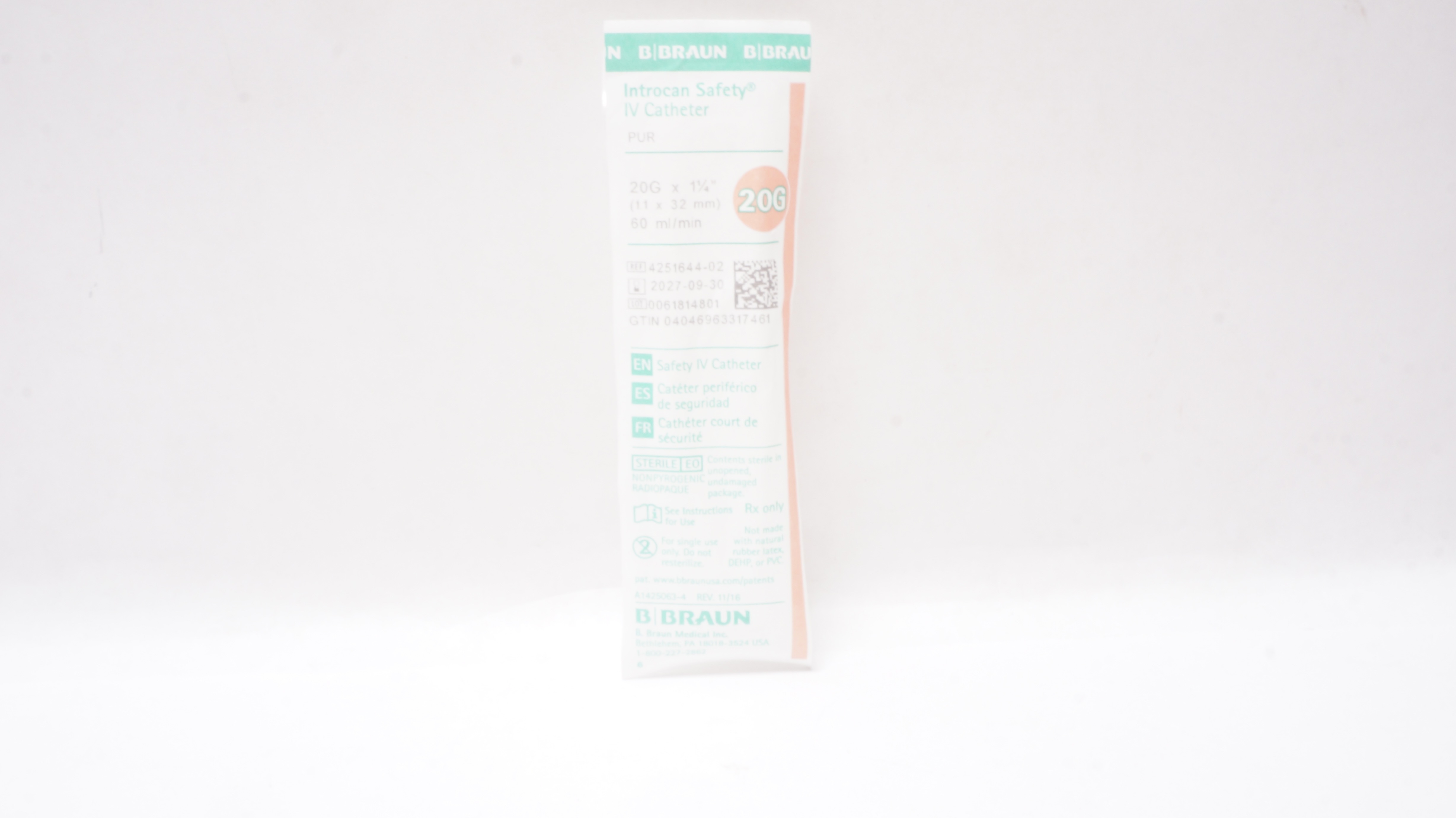 Braun 4251644-02 Introcan Safety IV Cath. 20G x 1-1/4inch 60mL/min