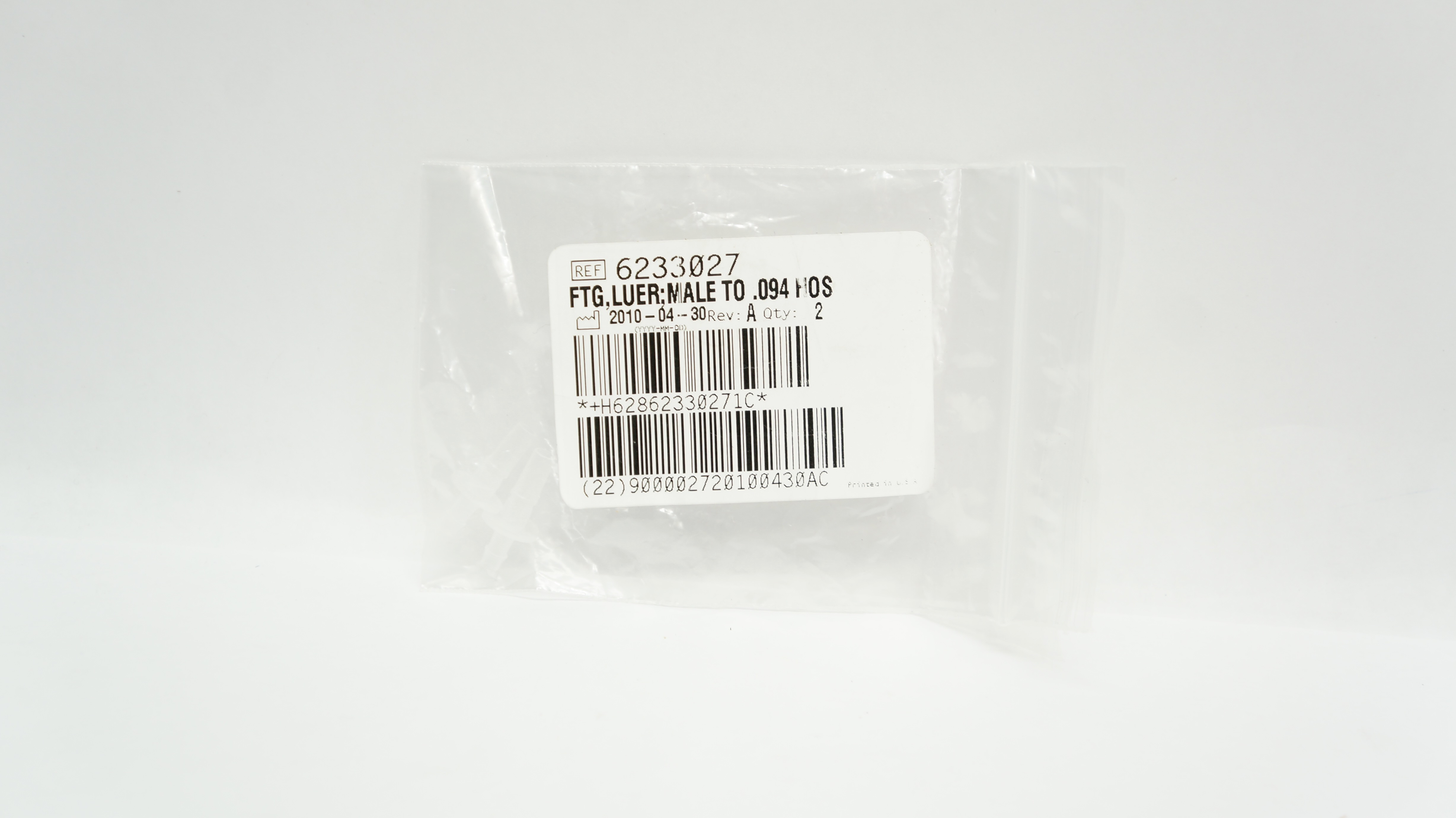 Beckman Coulter 6233027 FTG, Luer; Male To .094 HOS - Pack of 2