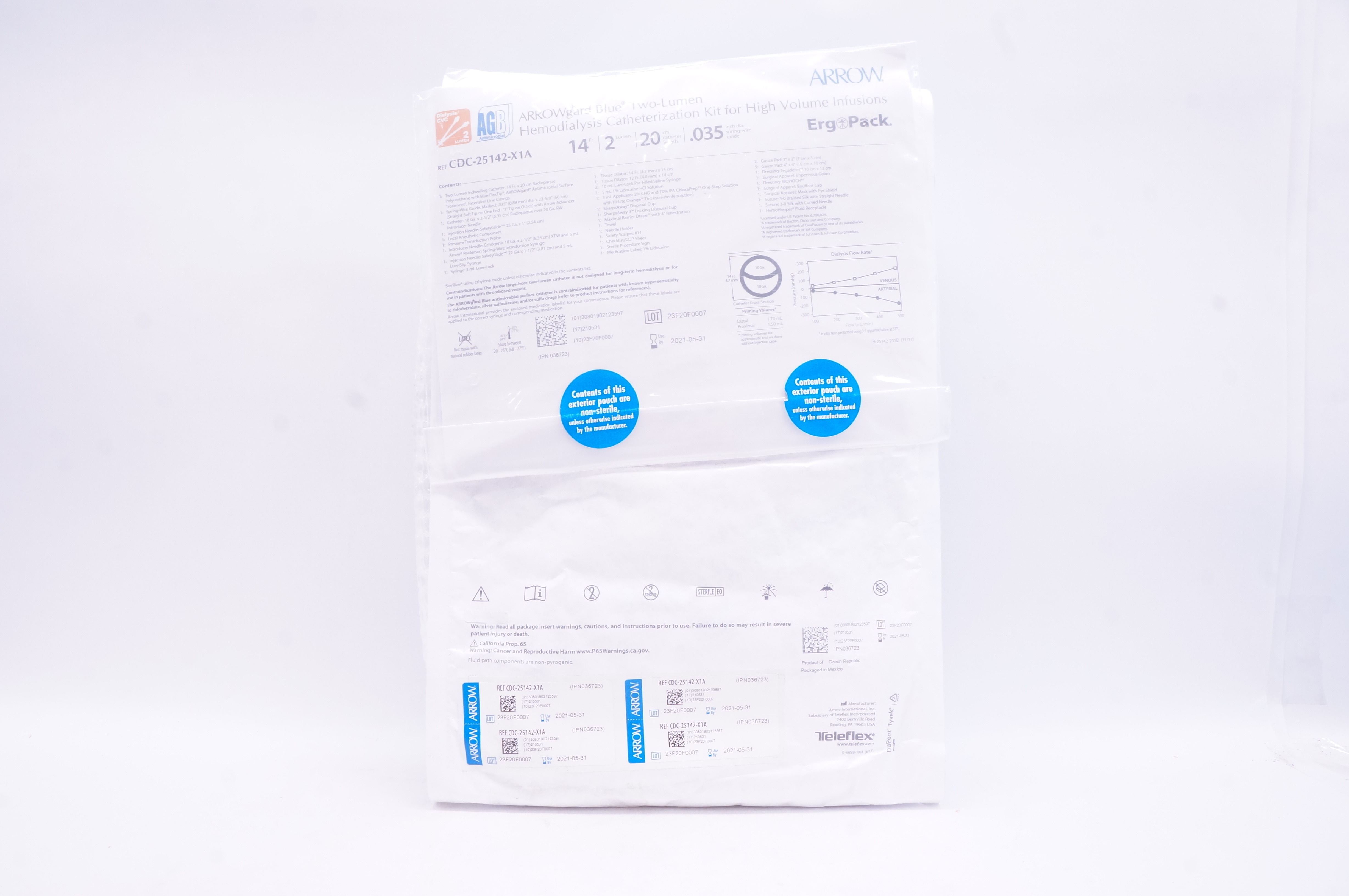 Arrow CDC-25142-X1A Two-Lumen Hemodialysis Cath. Kit 14Fr x 20cm