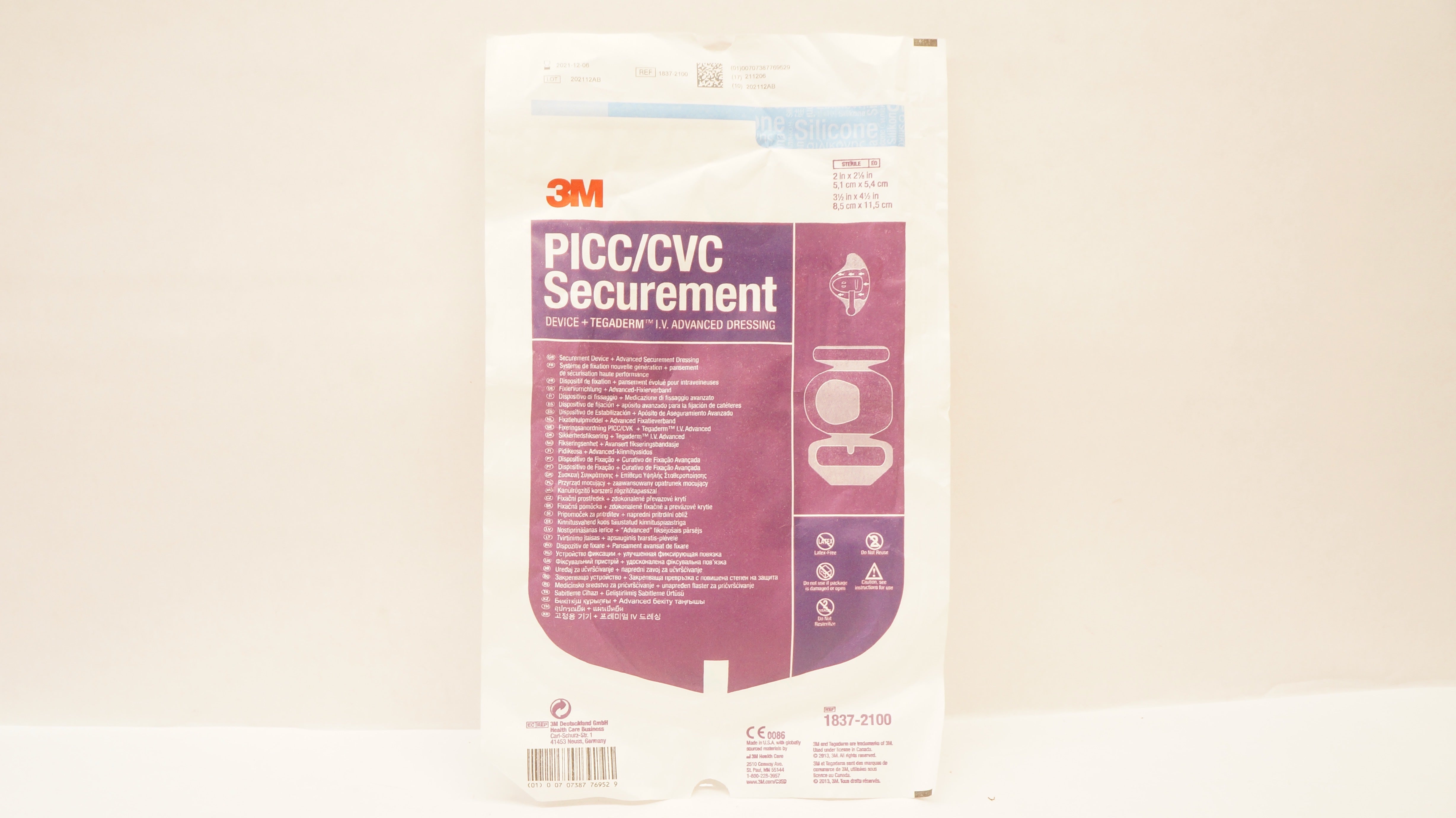 3M 1837-2100 PICC/CVC Securement Device +Dressing 2x2 1/8inch 3 1/2x4 1/2inch(x)