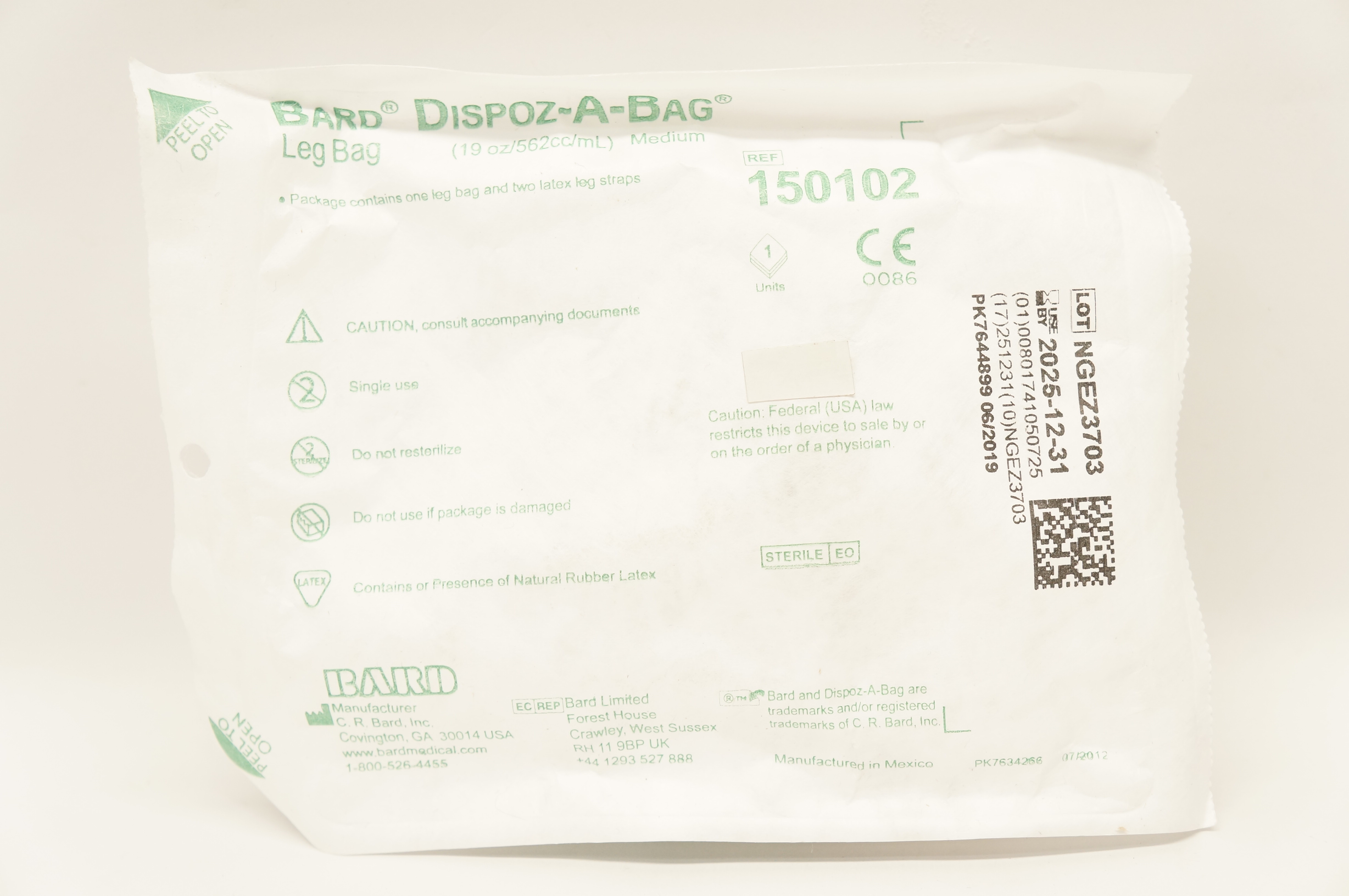 Bard 150102 Dispoz-A-Bag Leg Bag 19oz/562cc/mL Medium