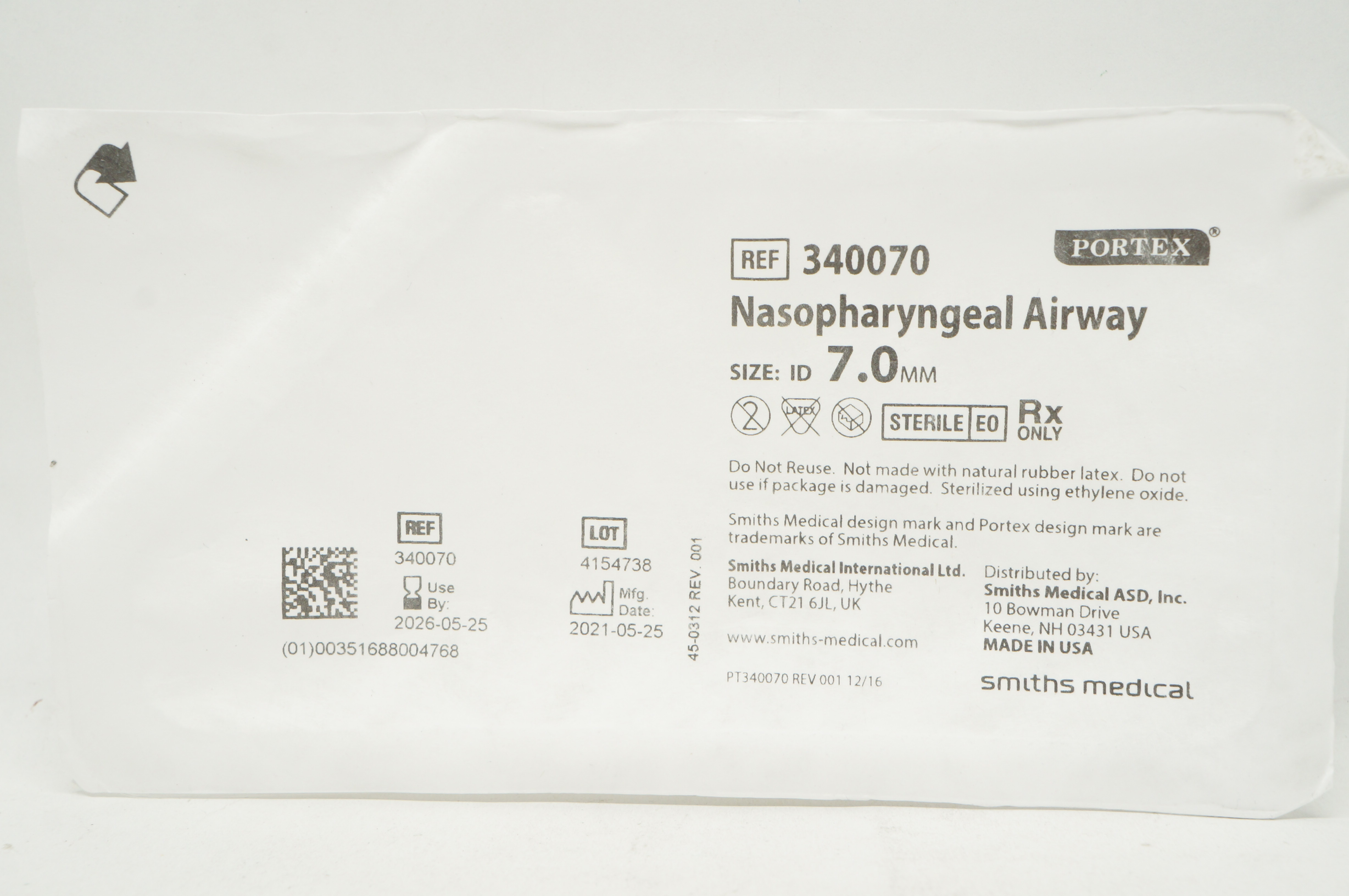 Smiths Medical 340070 Nasopharyngeal Airway, Size 7.0mm ID