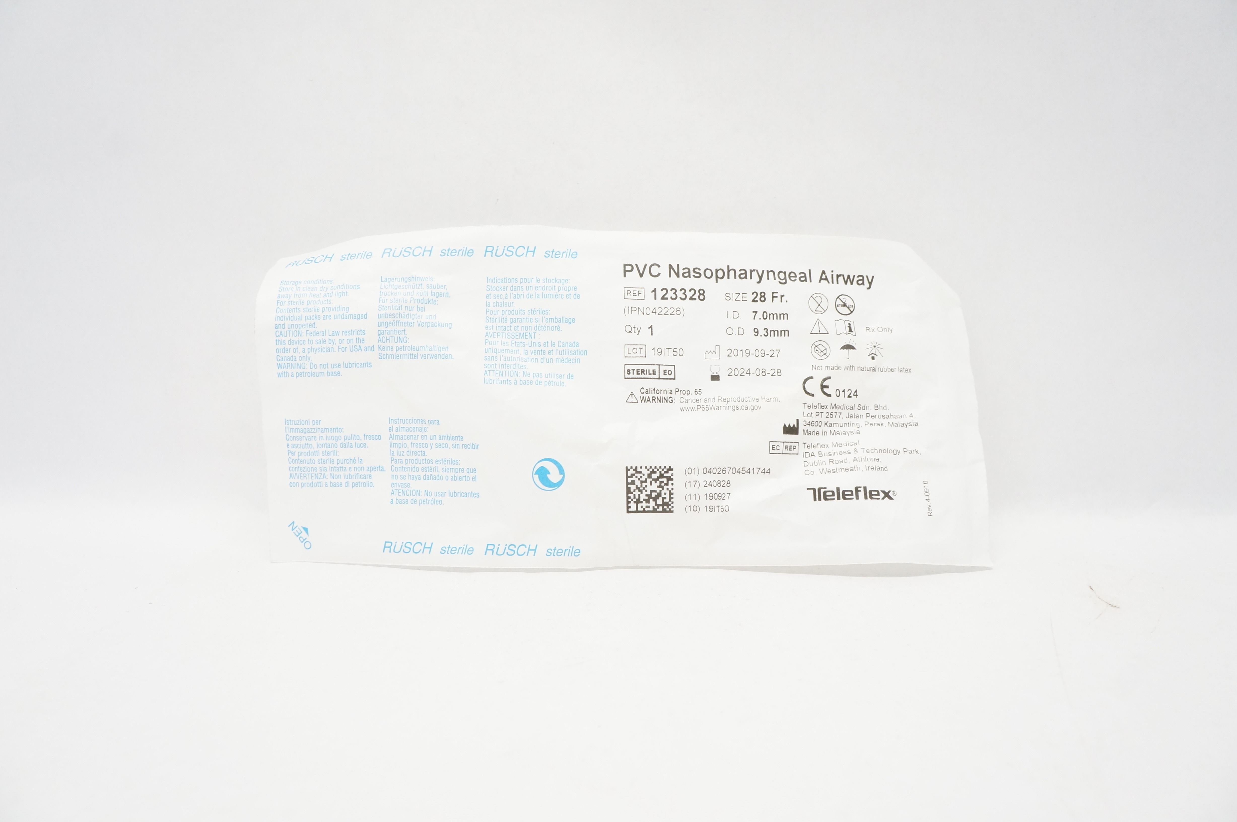 Teleflex 123328 Rusch PVC Nasopharyngeal Airway 28Fr. x ID 7.0mm x OD 9.3mm