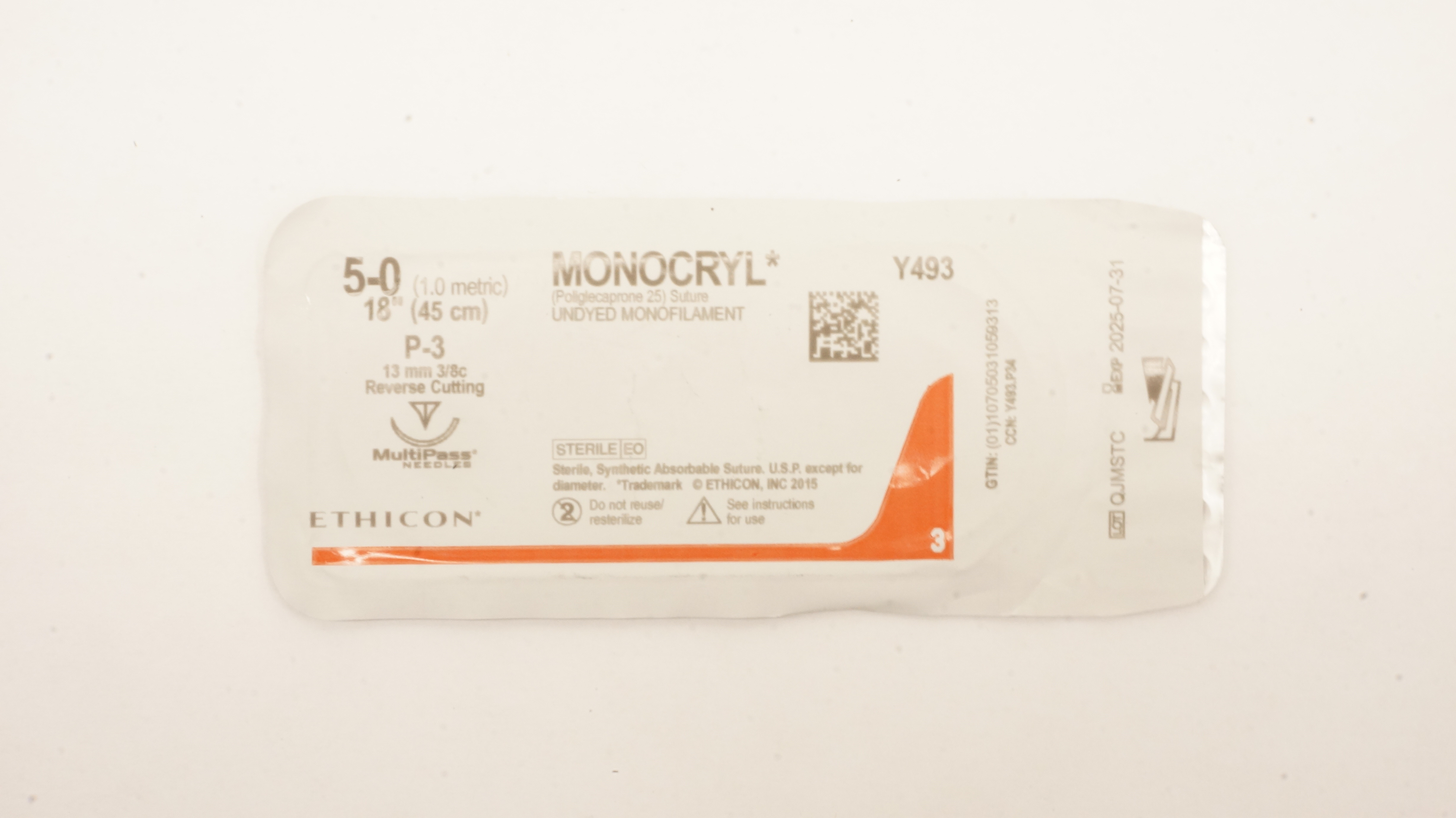 Ethicon Y493 5-0 Monocryl Undyed P-3 13mm 3/8c Reverse Cutting, 18inch