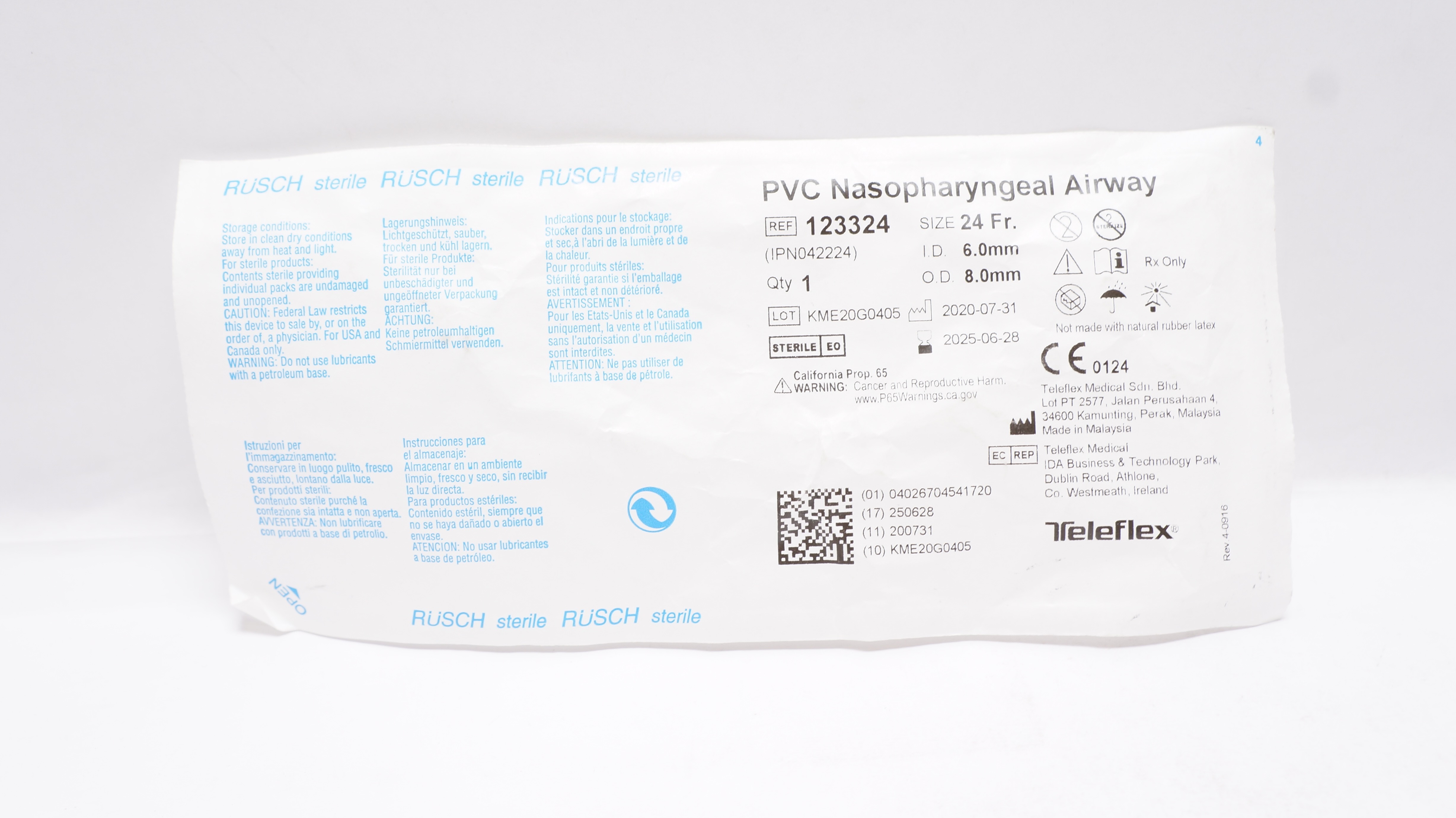 Teleflex 123324 Rusch PVC Nasopharyngeal Airway 24 Fr x 6.0mm ID x 8.0mm OD