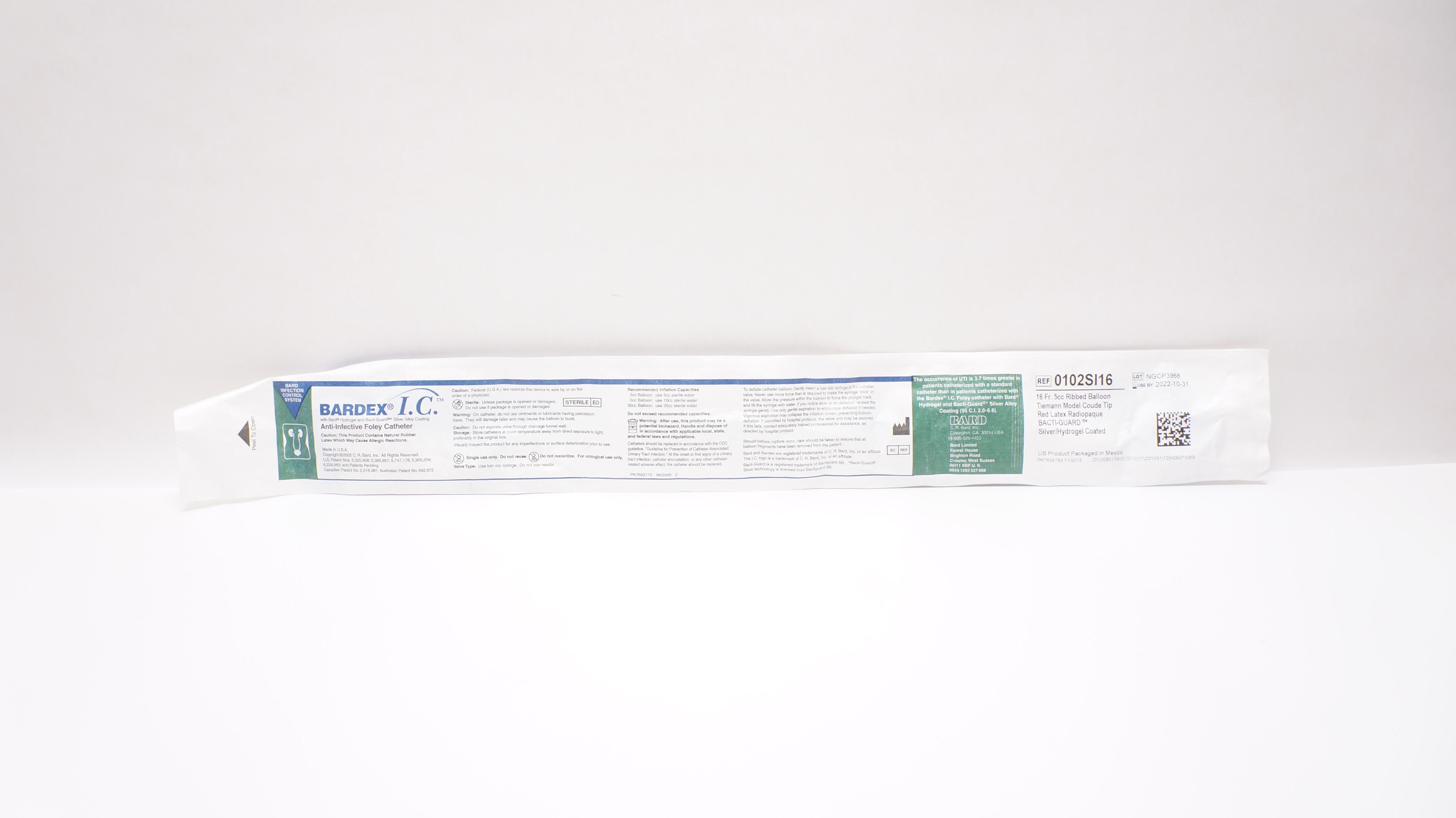 Bard 0102SI16 Bardex I.C. Anti-Infective Foley Cath. 16Fr. 5cc Ribbed Balloon(x)