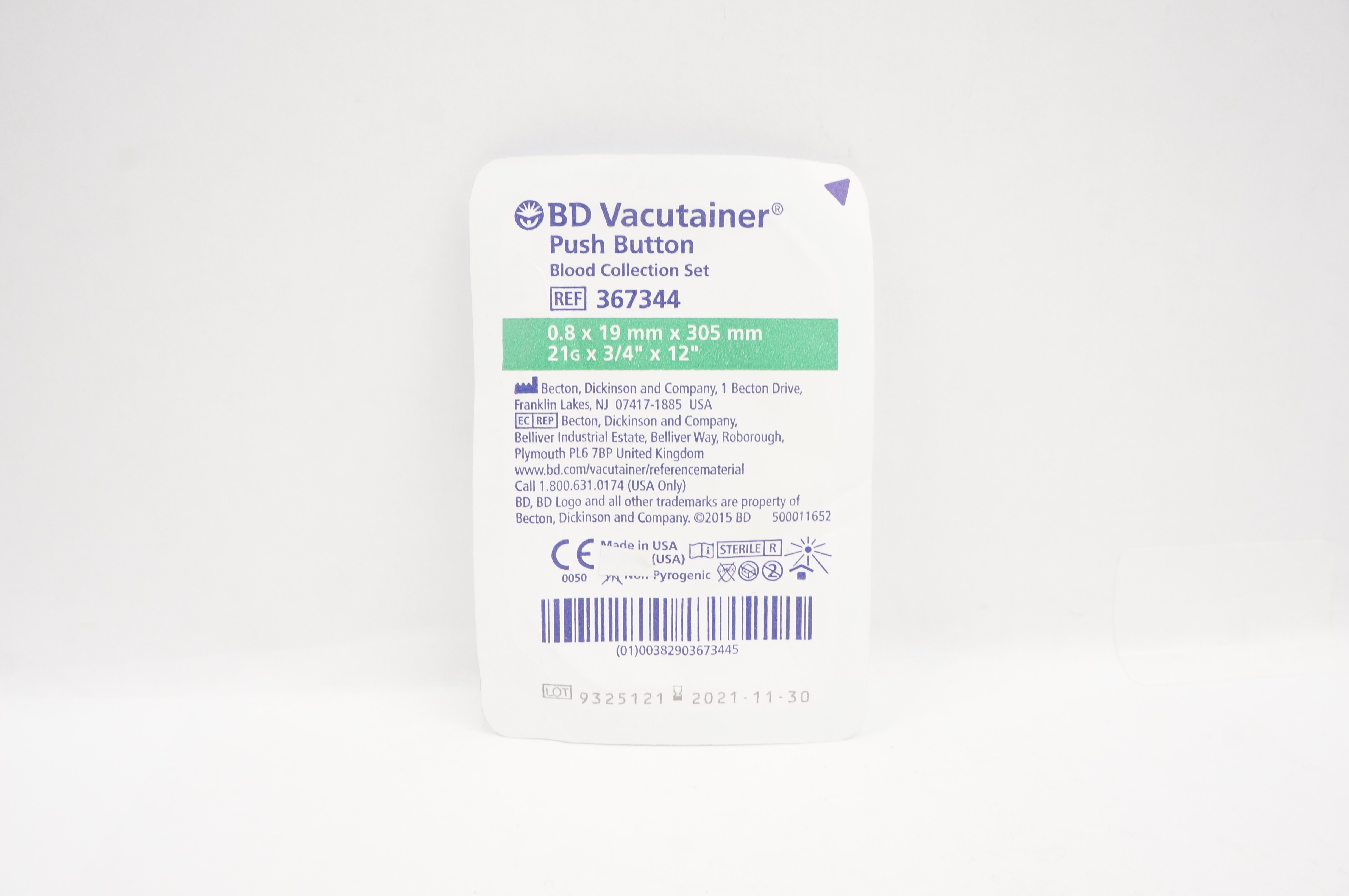 BD 367344 Vacutainer Push Button Blood Collection Set 21G x 3/4inch x 12inch (x)