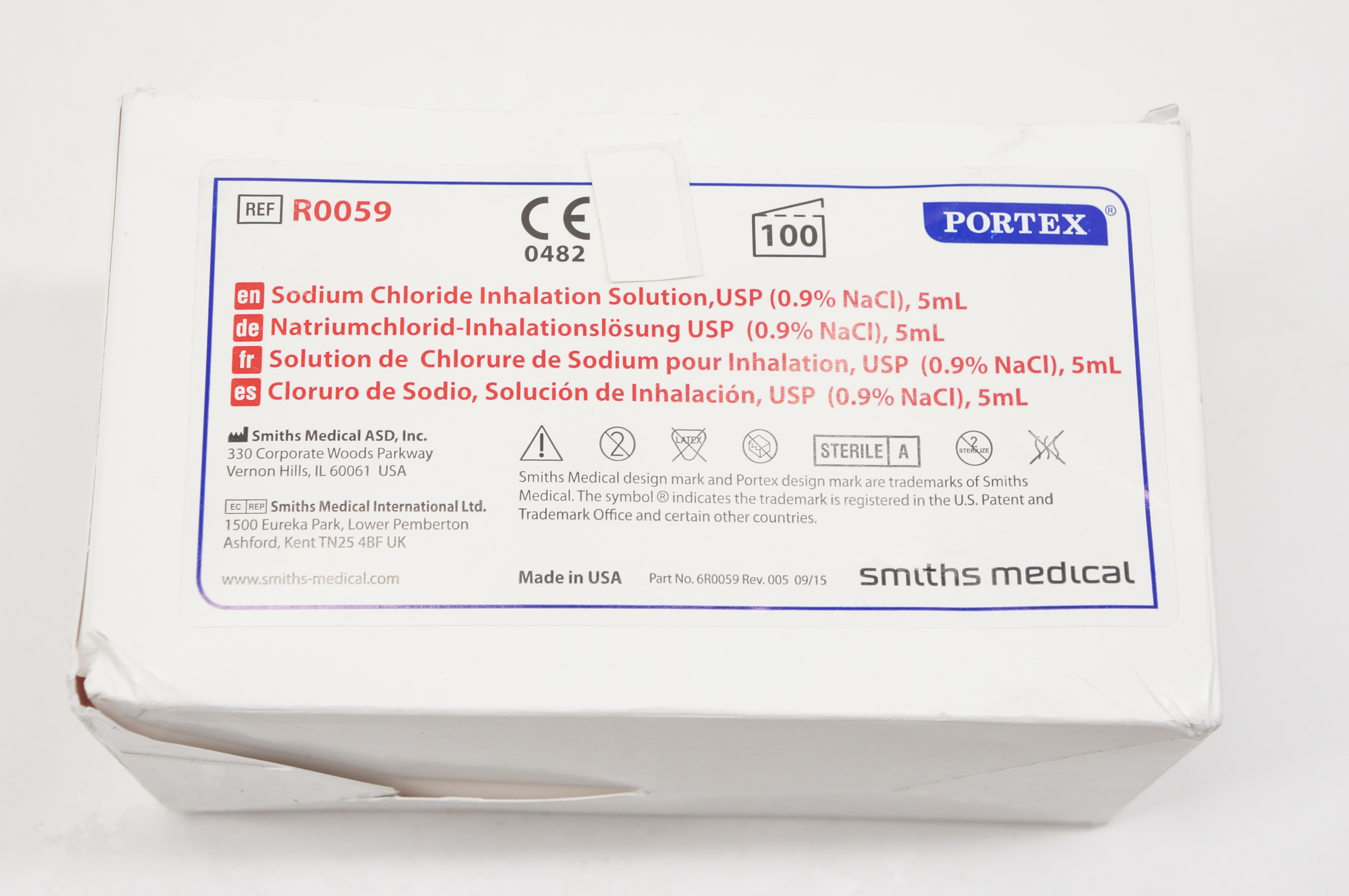 Smiths Medical R0059 Sodium Chloride Inhalation Solution, USP 5ml (x)-Box of 100