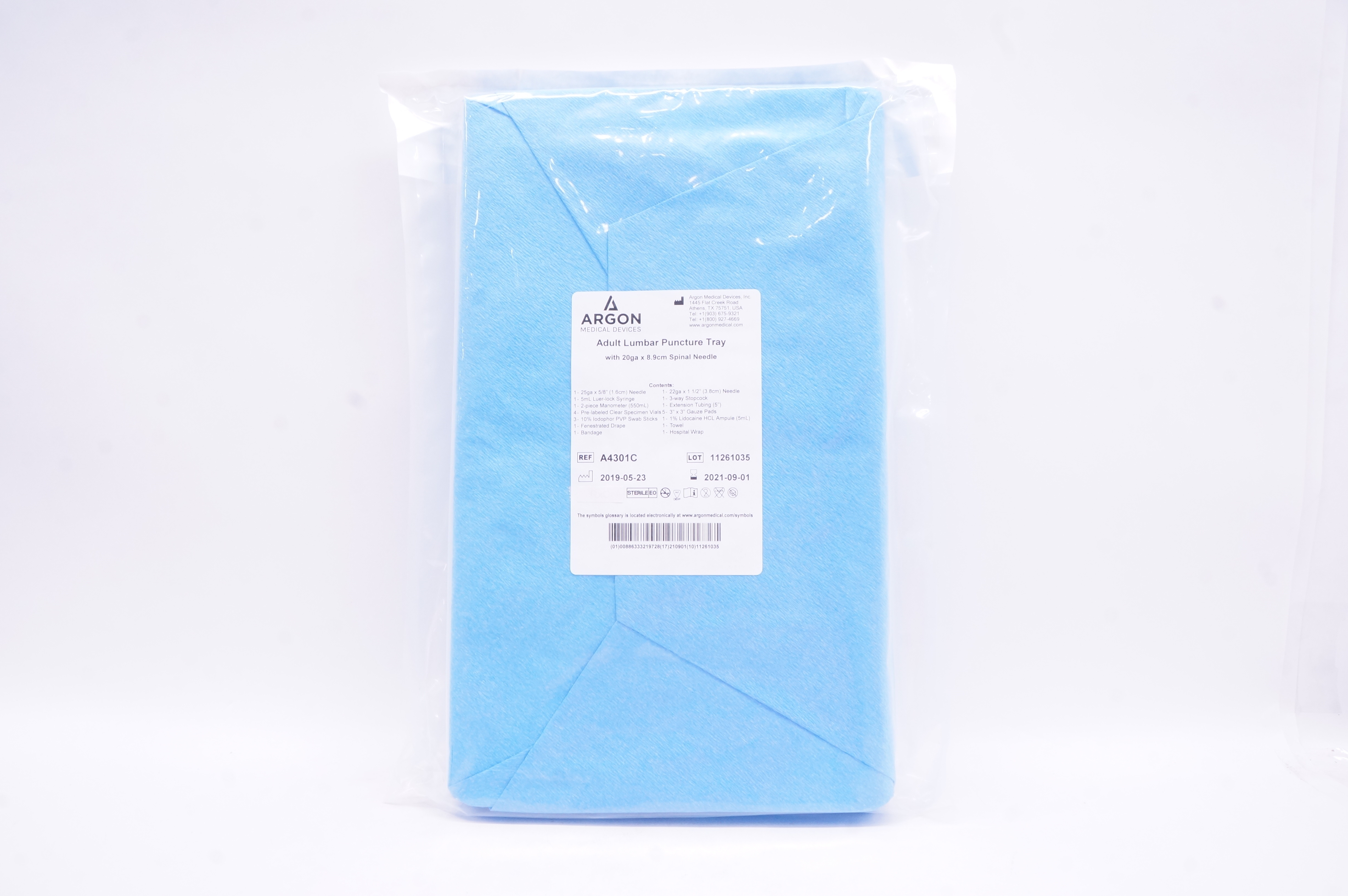 Argon A4301C Adult Lumbar Puncture Tray w/Spinal Ndle 20 ga x 8.9 cm (x)