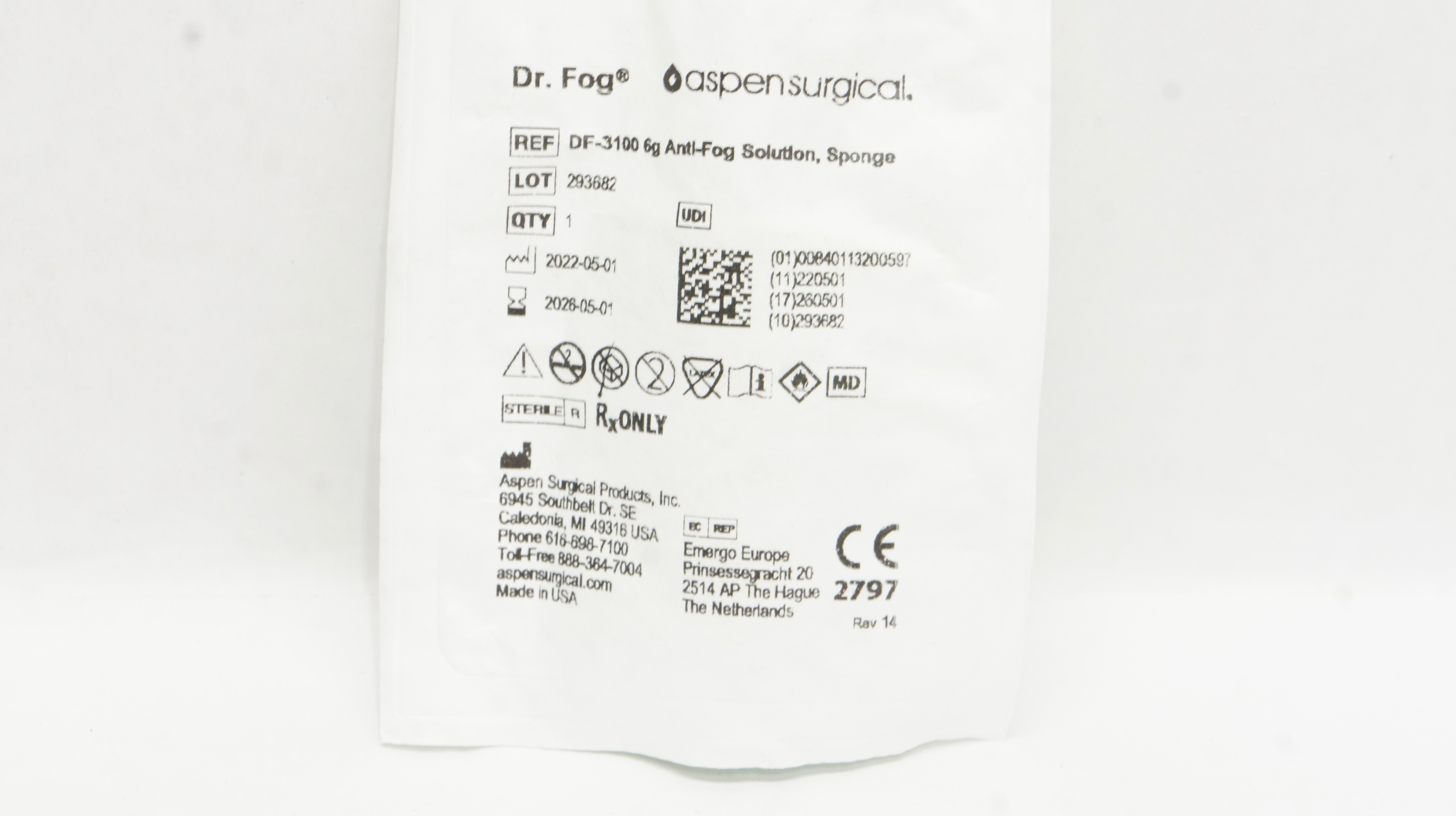 Aspen Surgical DF-3100B Dr. Fog 6g Anti-Fog Solution Sponge