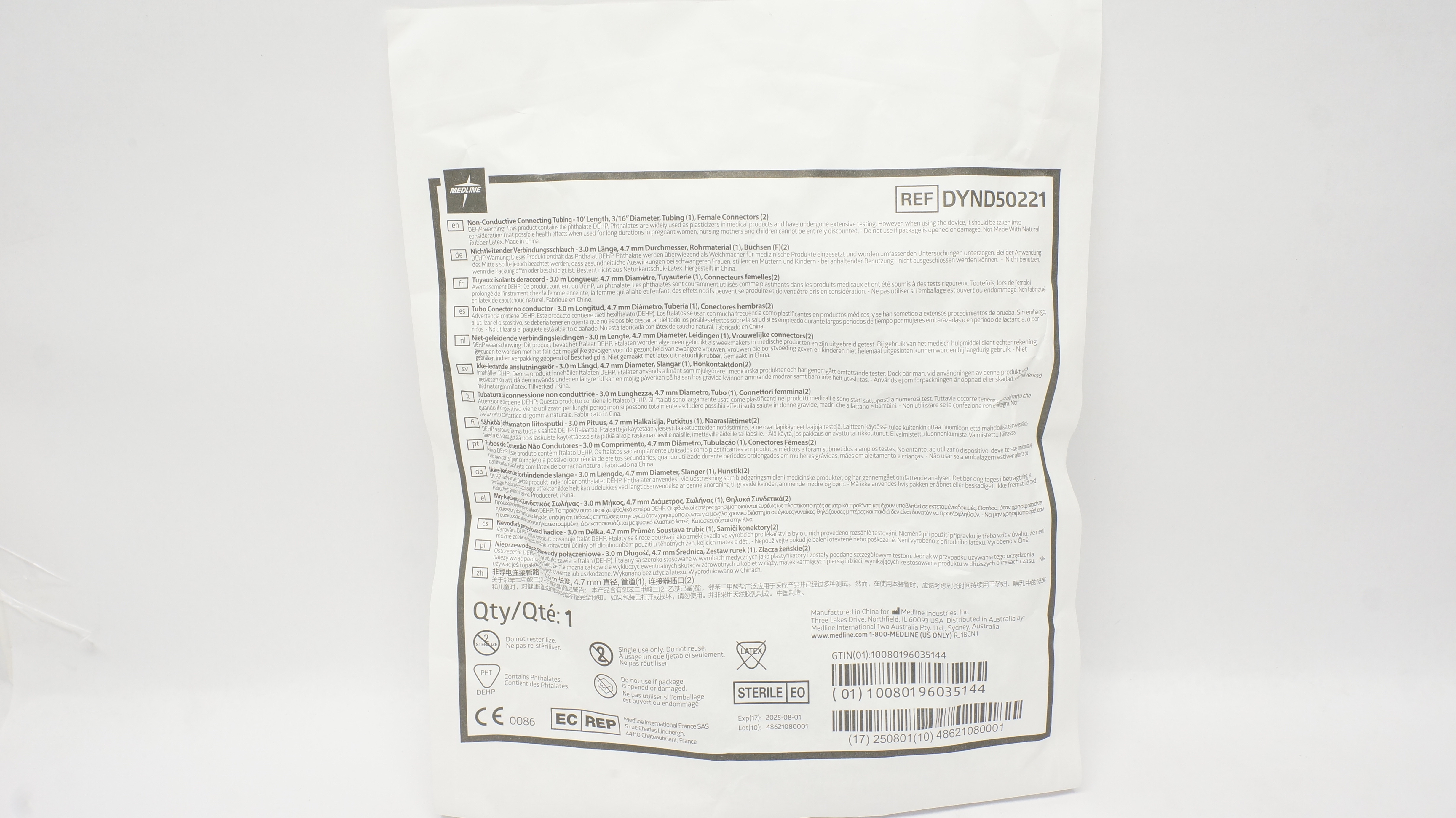 Medline DYND50221 Non-Conductive Connecting Tubing 20 inch Length Diam 3/16inch