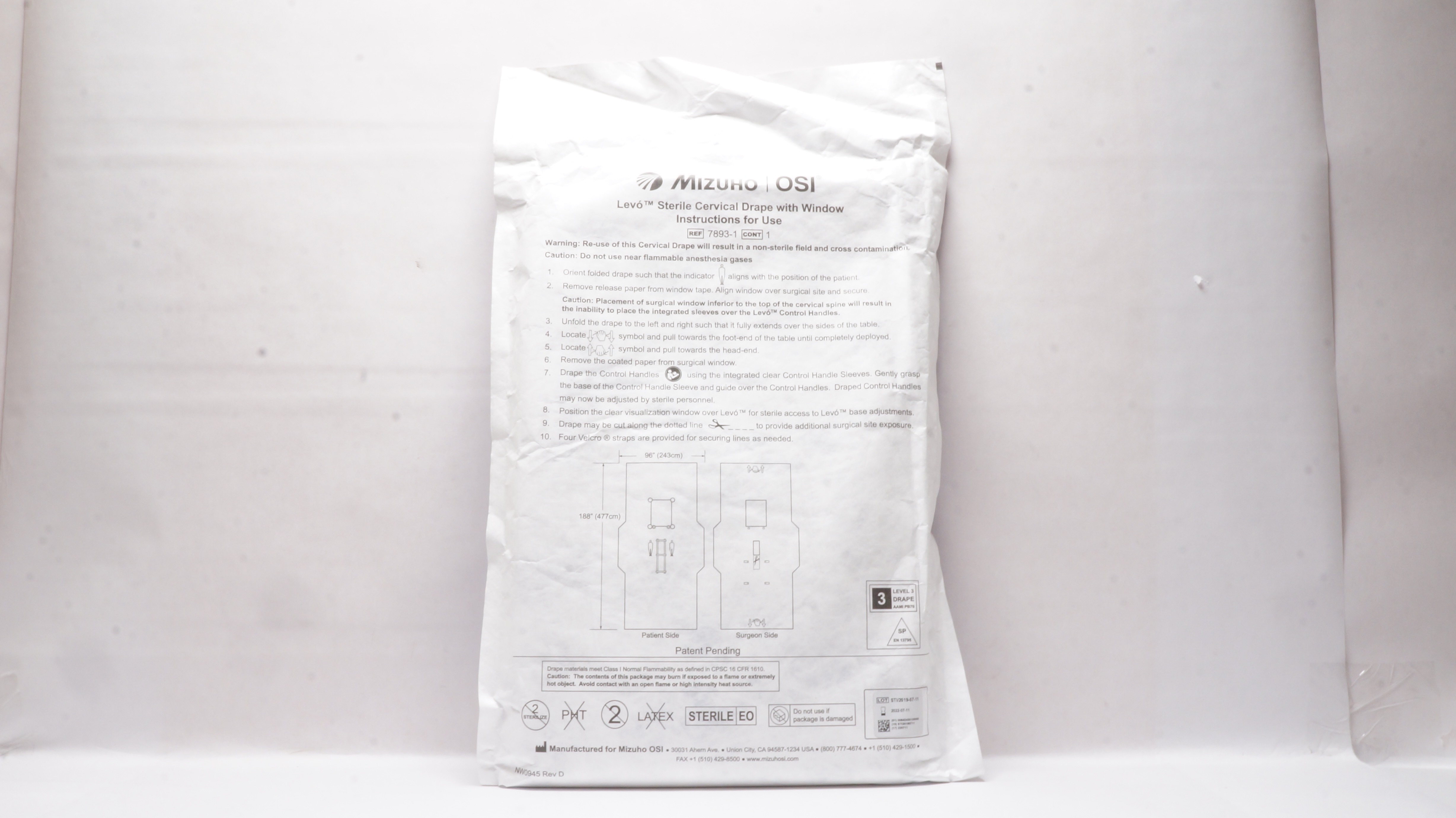 Mizuho OSI 7893-1 Levó Sterile Cervical Drape W/Window 96in x 188In Level 3 (x)