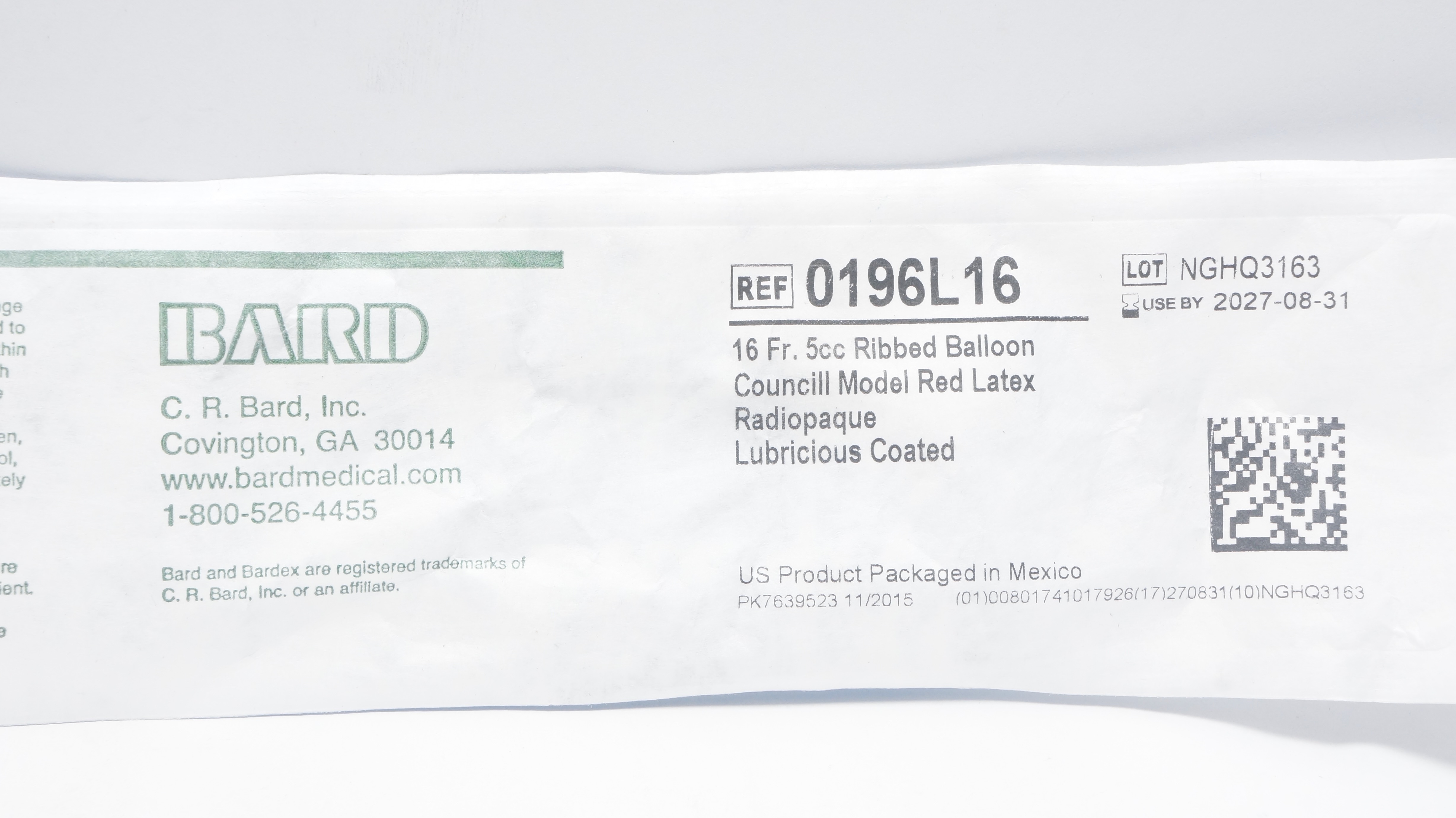 Bard 0196L16 Bardex Foley Cath. 16Fr 5cc Ribbed Balloon Councill Model