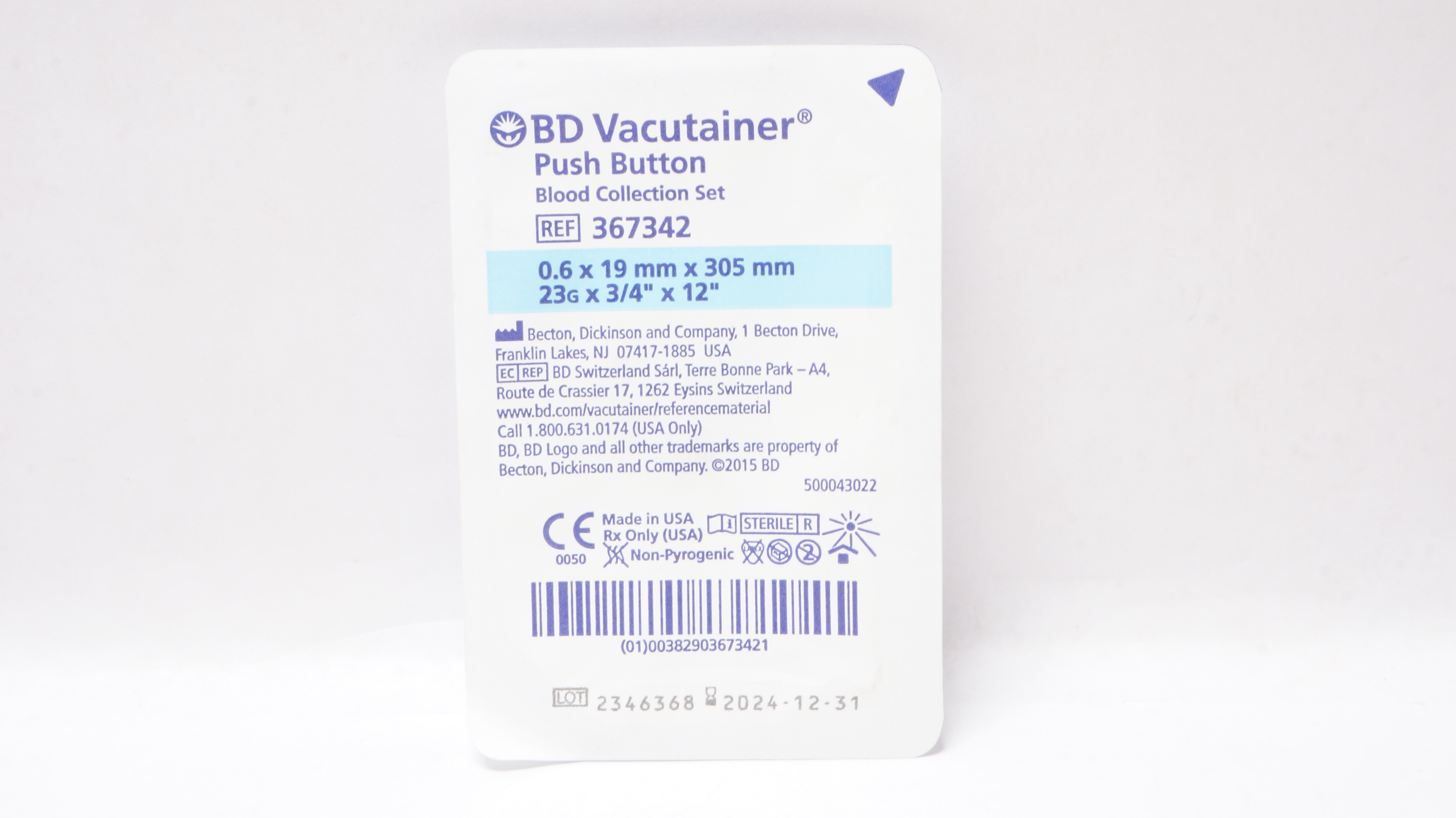 BD 367342 Vacutainer Push Button Blood Collection Set 23G x 3/4inch x 12inch