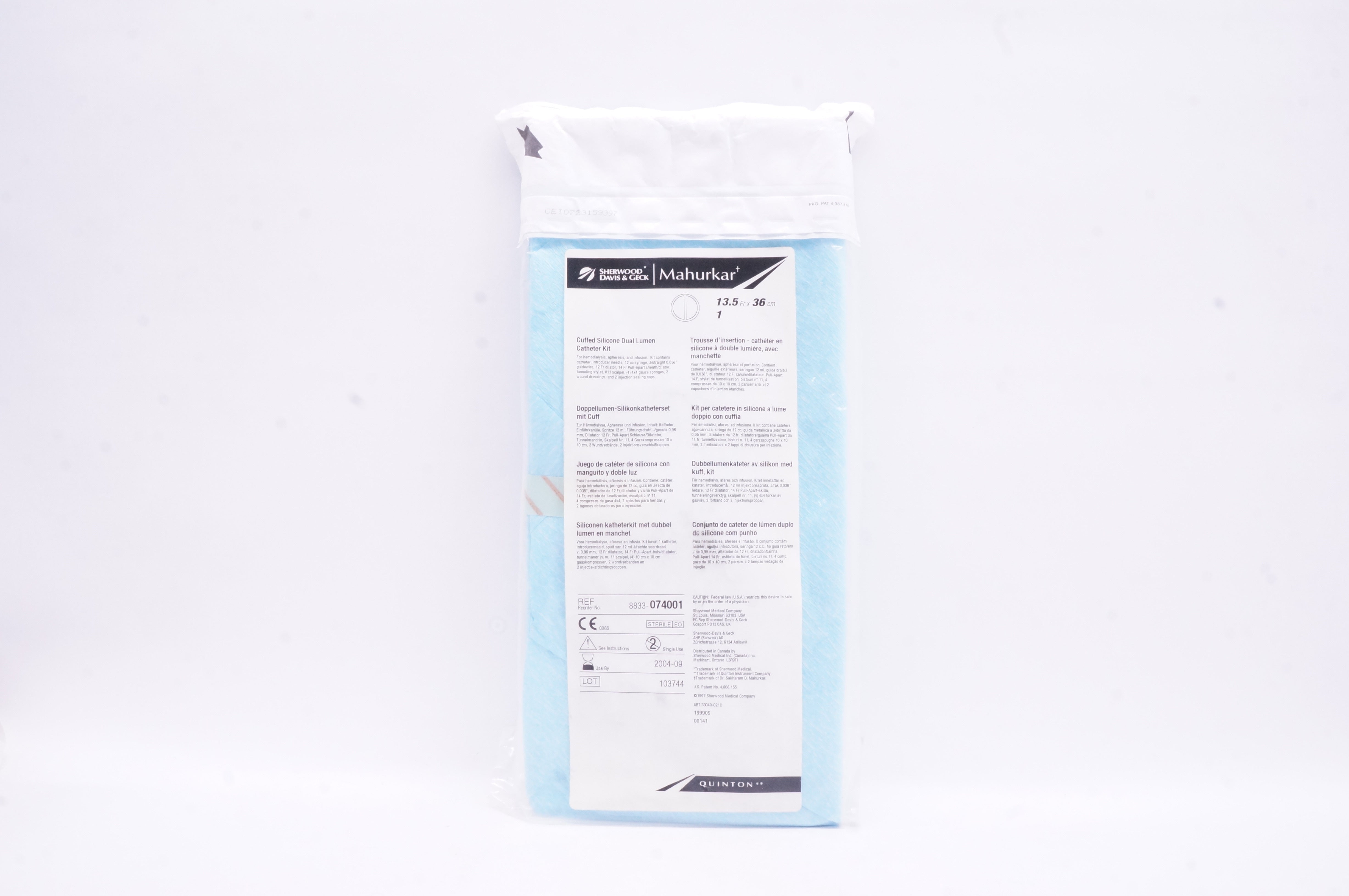 Sherwood 8833-074001 Cuffed Silicone Dual Lumen Cath. Kit 13.5 Fr. x 36cm (x)